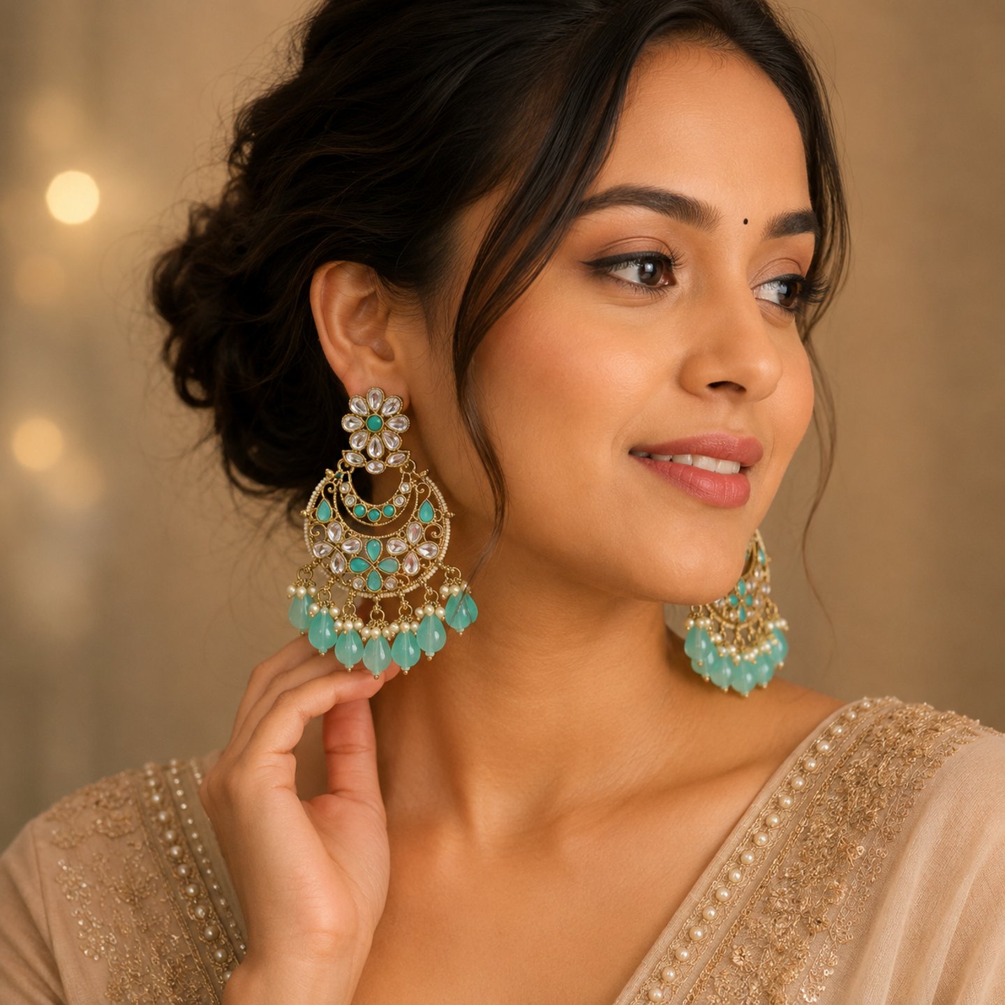 Rachi Kundan Chandbalis with Colorful Stones and Hanging Pearls