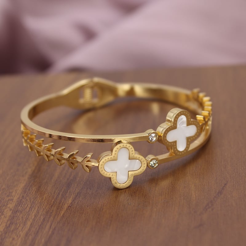 Gold Clover Bracelet for Women with White Enamel & Crystal Detailing | Adjustable Luxury Cuff Bracelet