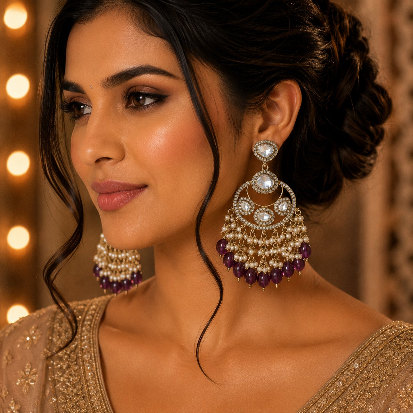Akansha Uncut Kundan and Zircon Stone Chandbalis with Hanging Pearls