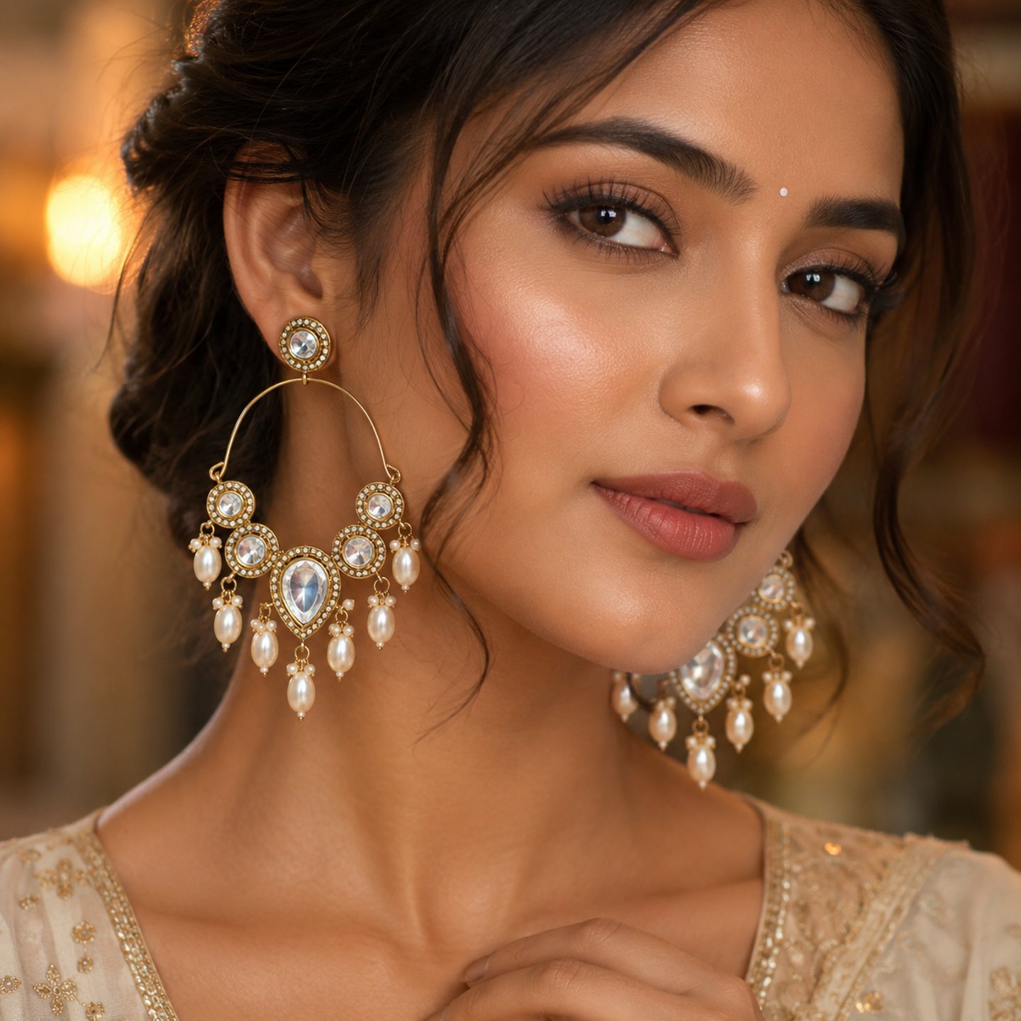 Kiran Acrylic Kundan Chandbali Hanging Pearls