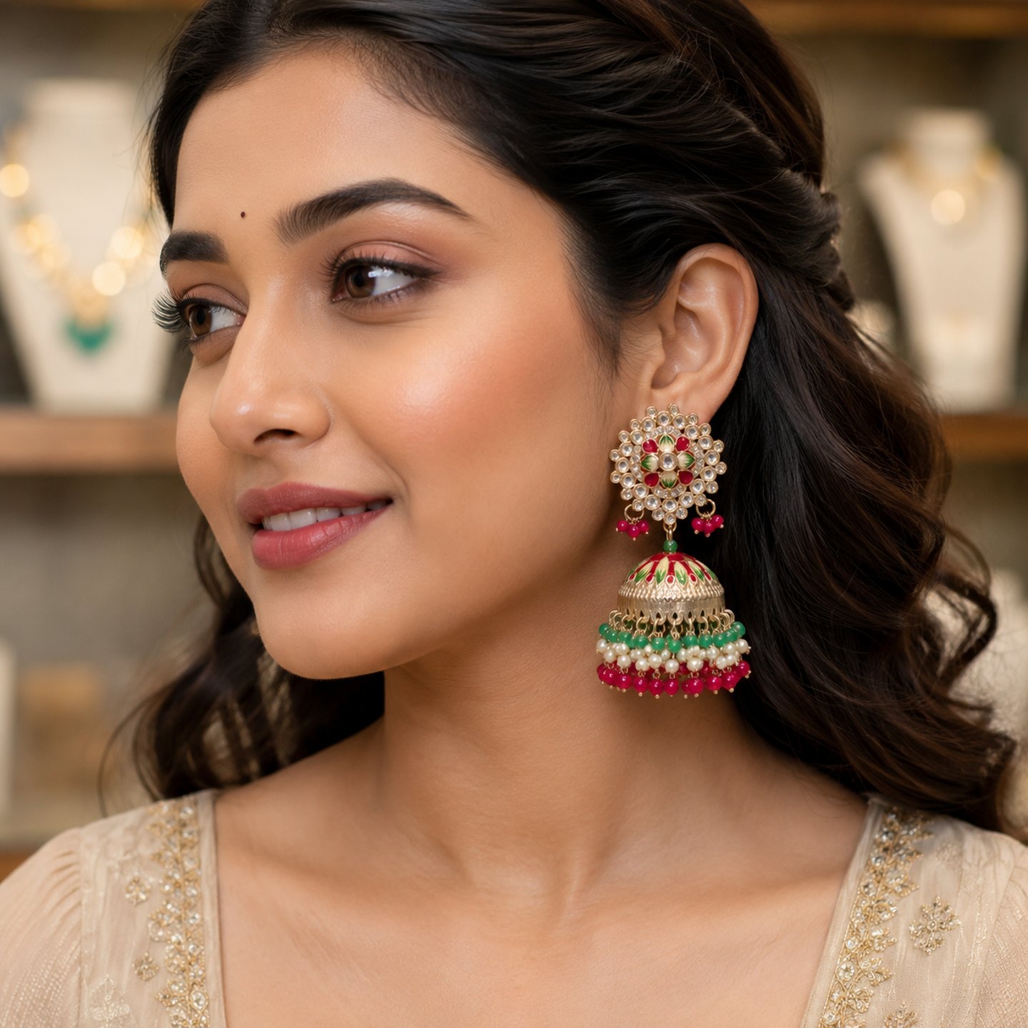 Himanshi Kundan Meenakari Ethnic Jhumkas*