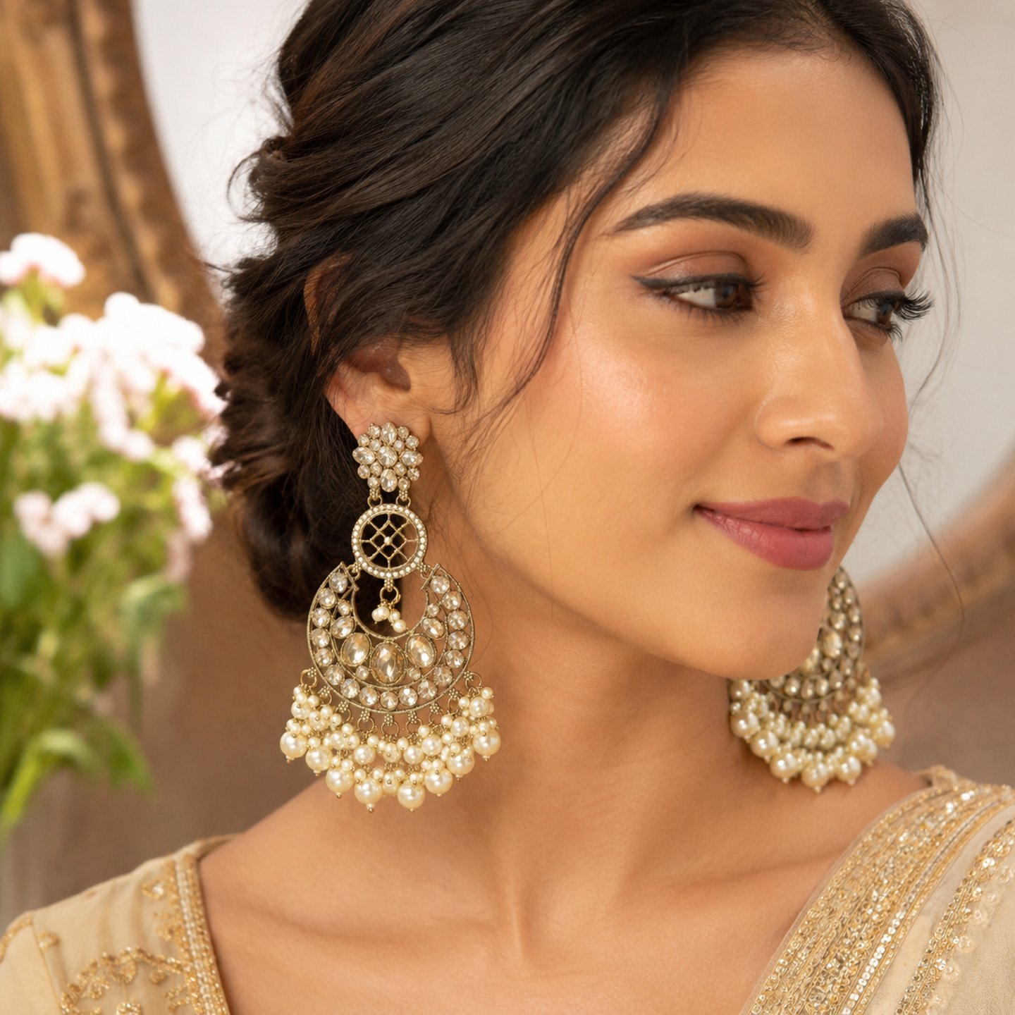 Kalpi Kundan Chandbali with Hanging Pearls