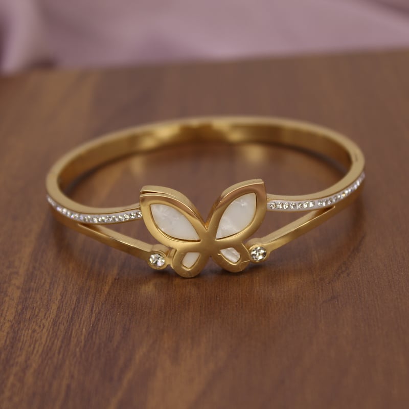 Elegant Butterfly Bracelet for Women with White Enamel & Crystal Detailing | Elegant Adjustable Cuff Bracelet