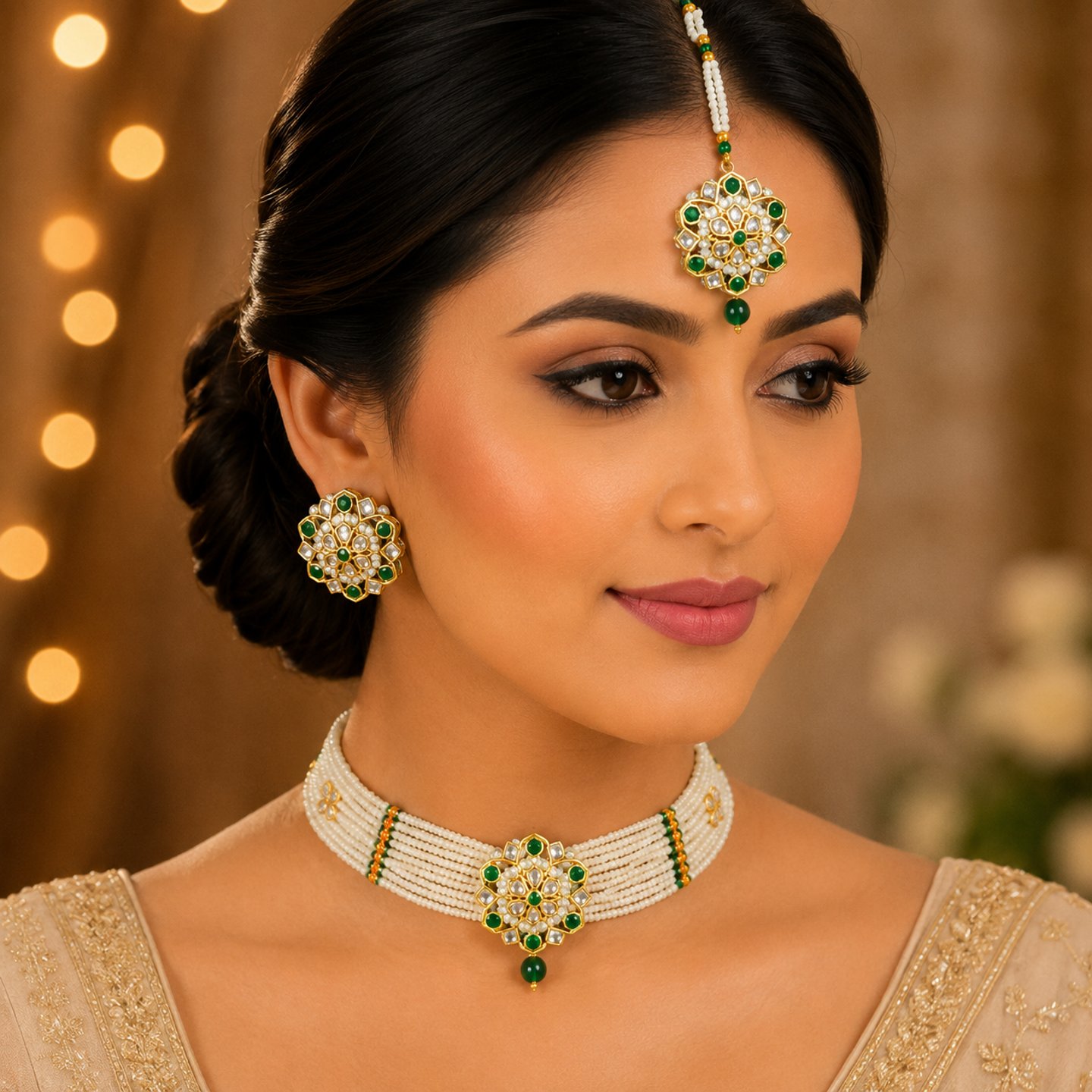 Harshika Kundan and Pearl Choker Set with Maang Tikka