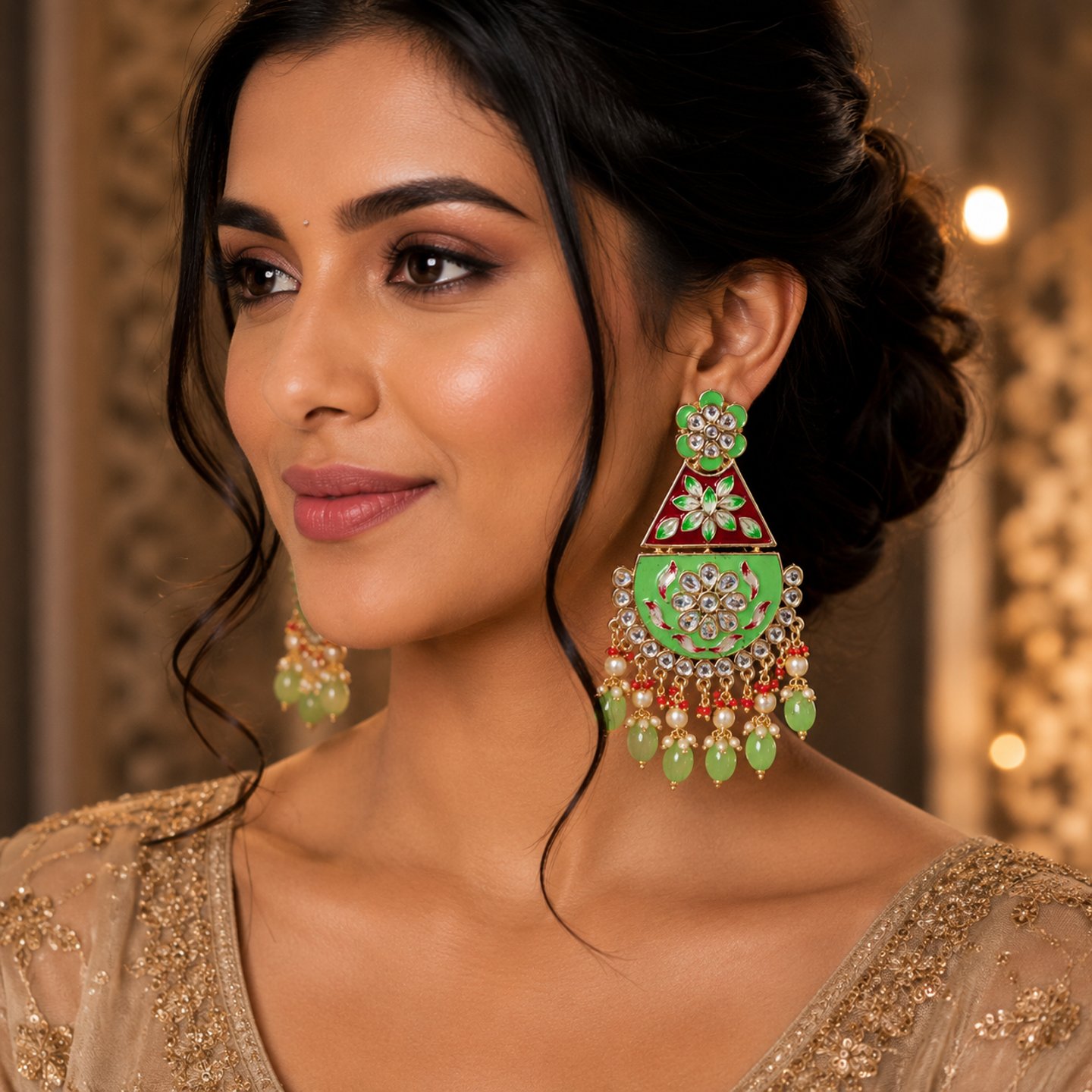 Varsha Meenakari Fusion and Kundan Earrings with Pearls Hanging