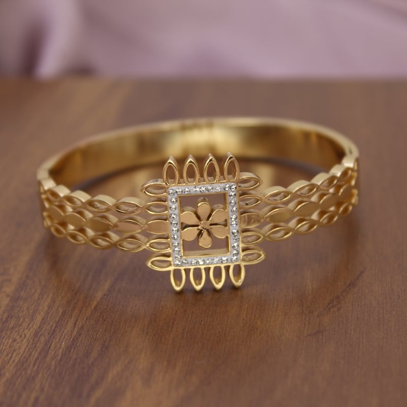 Gold Look Floral Bracelet for Women with Crystal Detailing | Designer Ethnic Adjustable Cuff Bracelet