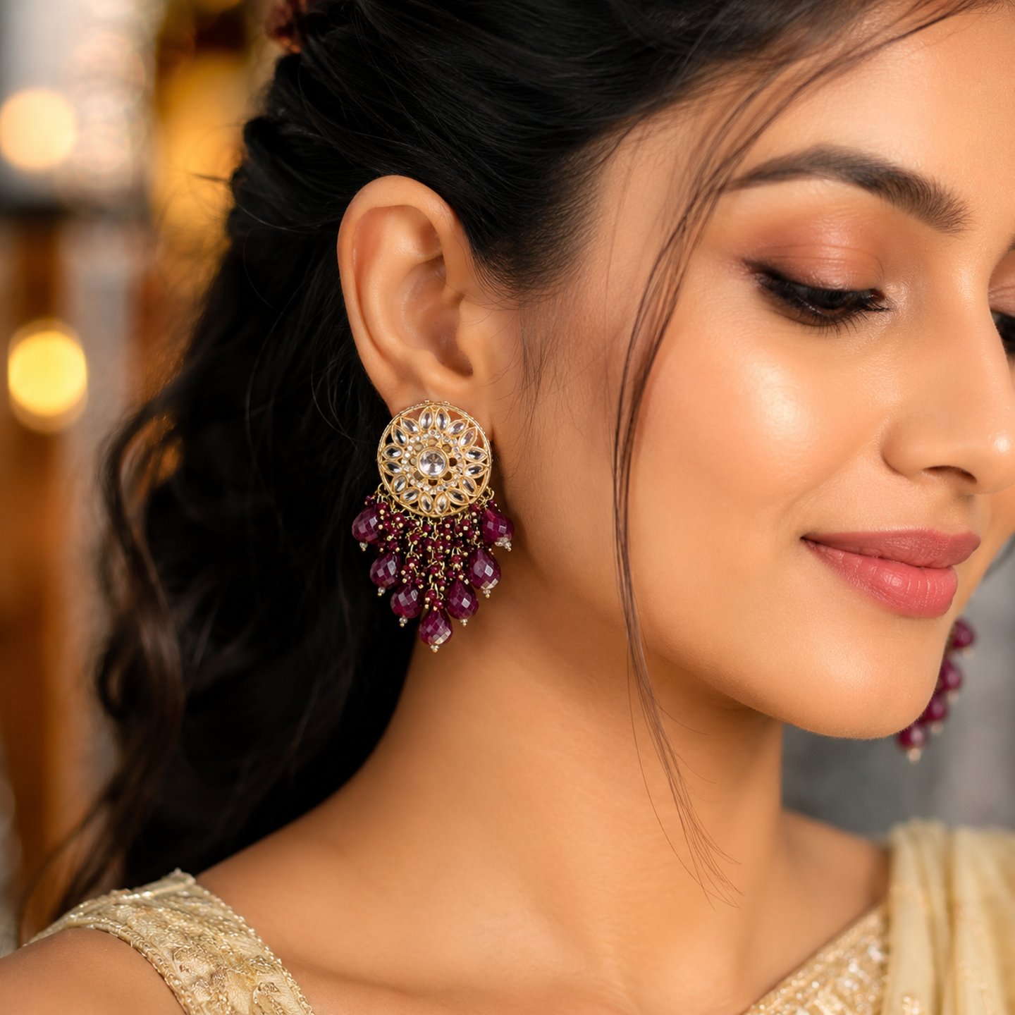 Nakshita Kundan Stud with Colour full Crystal Hanging Pearls