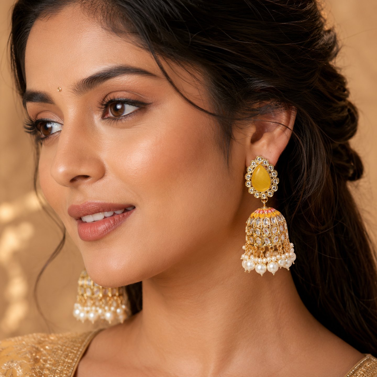 Kajal Crystal Stone Jhomka with Pearls