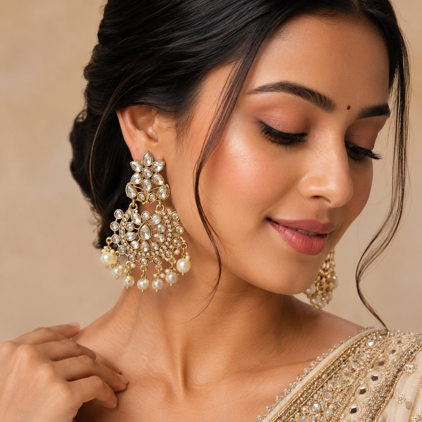 Kavya Kundan Chandbali with Hanging Crystal Stones