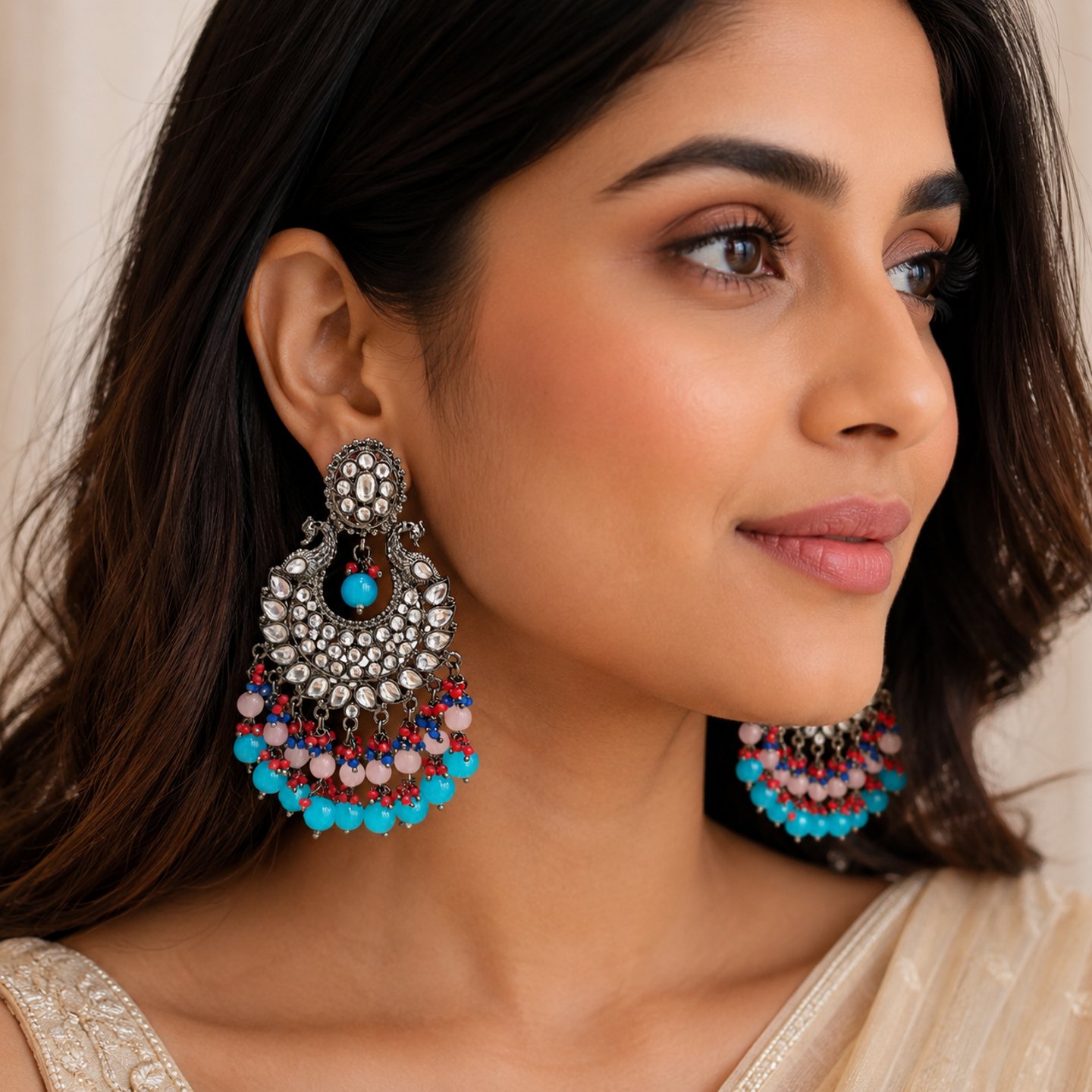 Smita Black Metal Kundan Studded Peacock Earrings