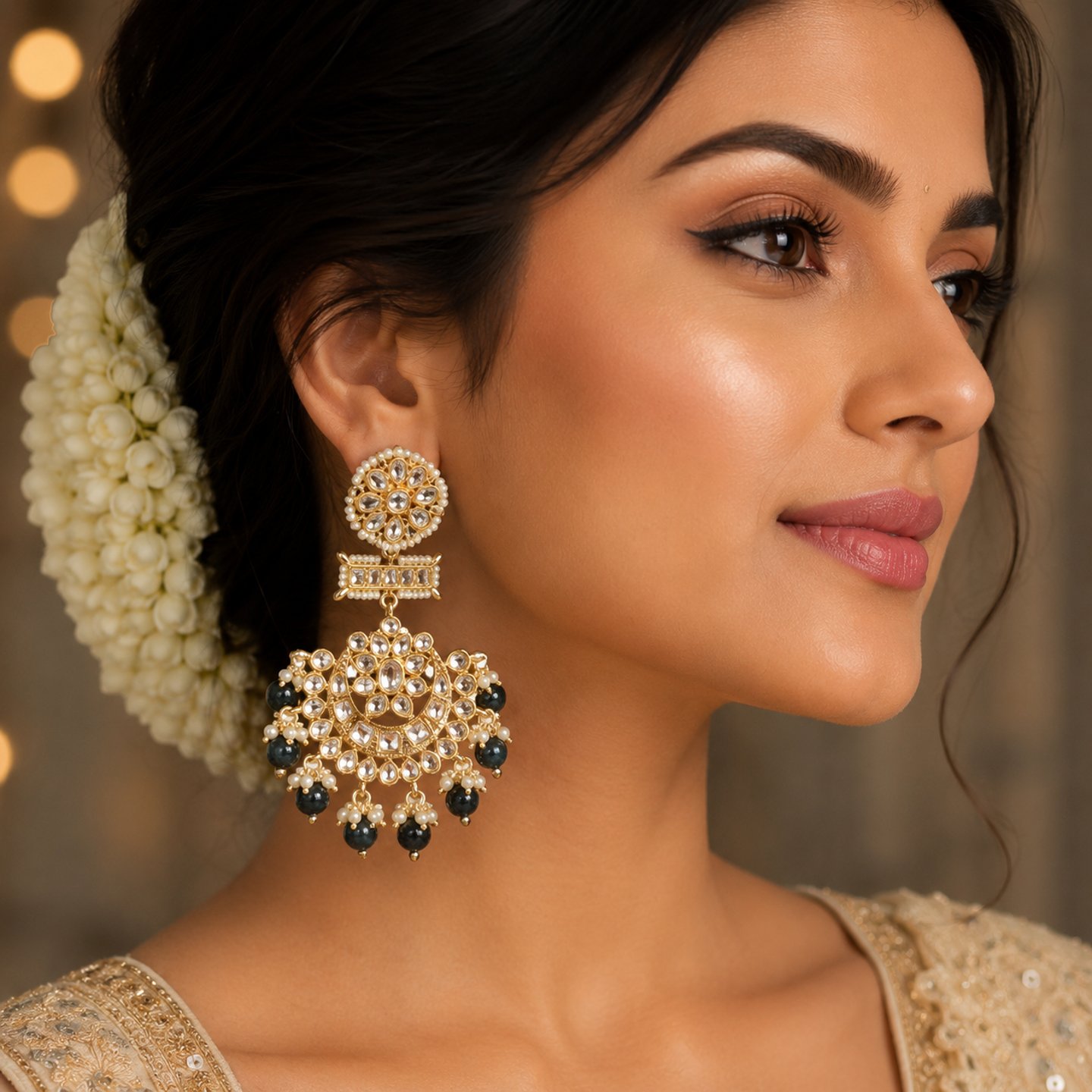 Roshini Uncut Kundan Earrings with Hanging Pearls