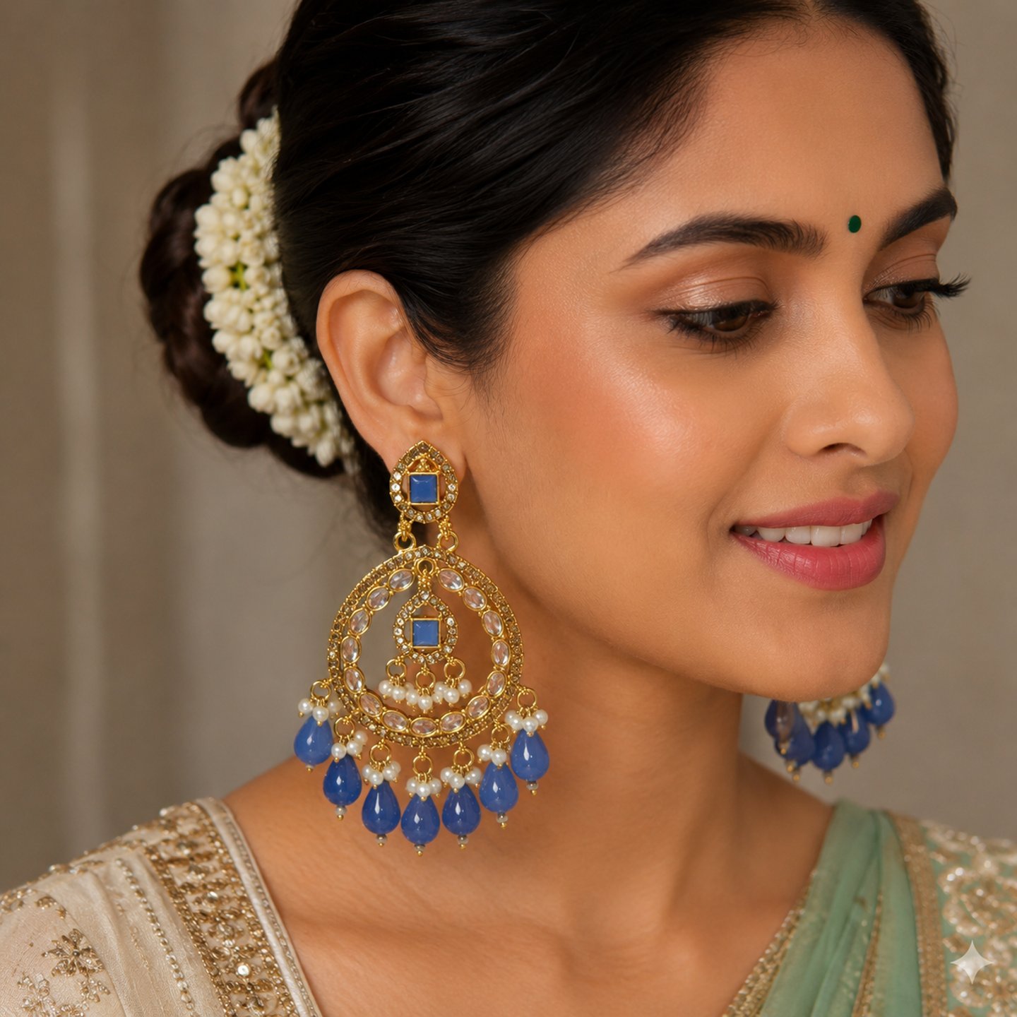 Sadika Golden Kundan and Hanging Pearls Chandbalis