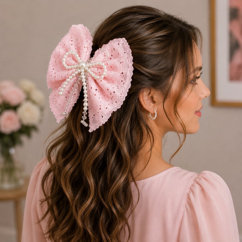 Korean Baby Pink Pearl Bow Hair Clip  