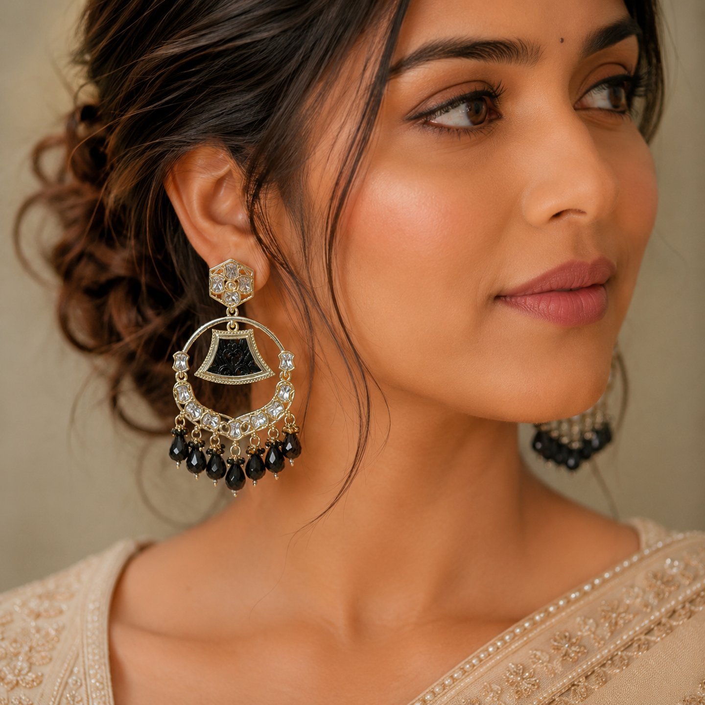 Darshi Engraved Stone Kundan Chandbalis with Crystal Hanging