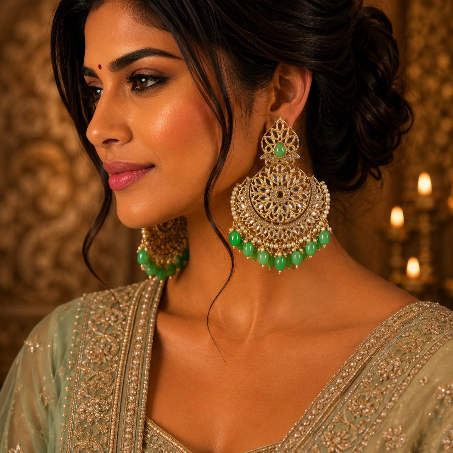 Kusum Mirror Chandbali with Mint Hanging Beads