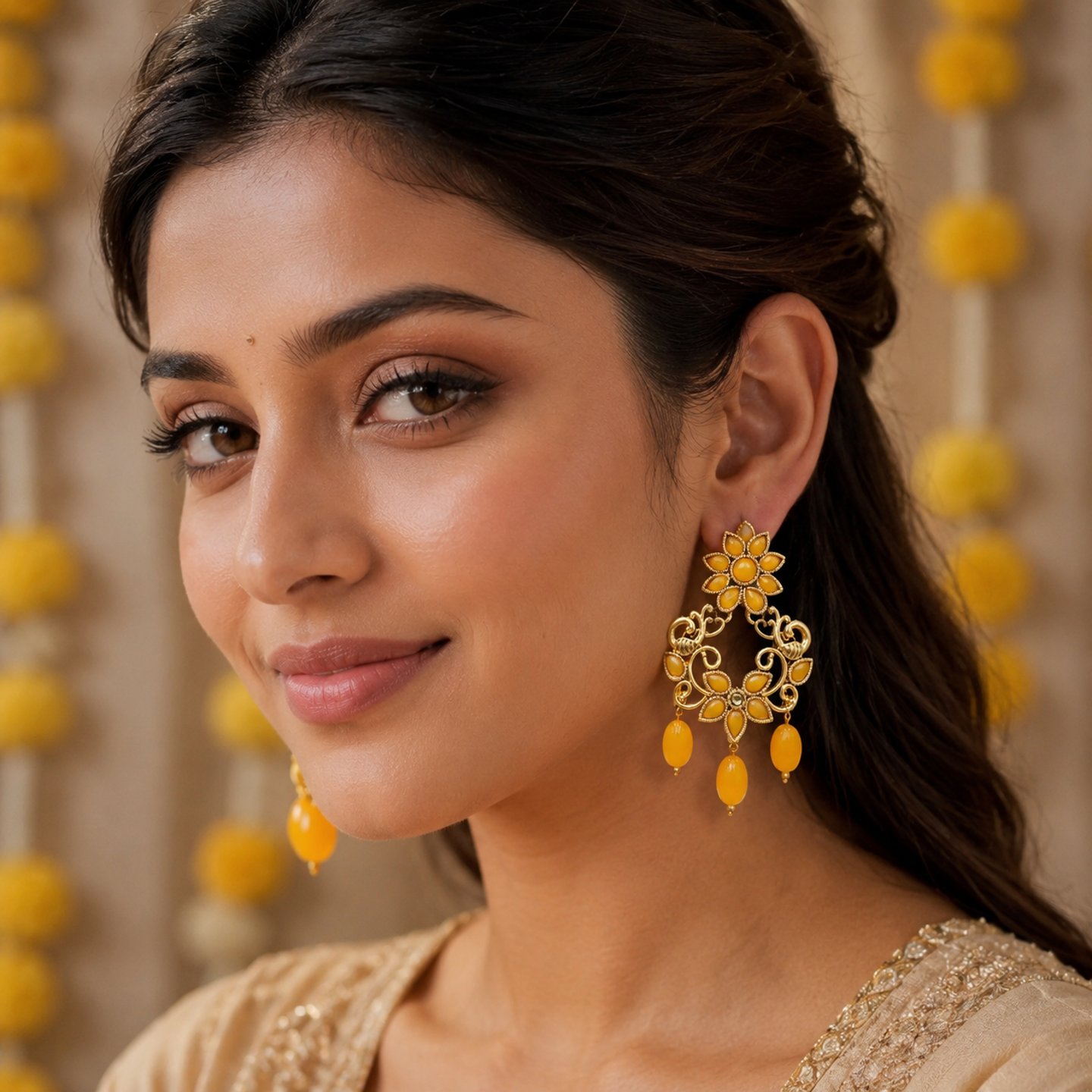 Gunjan Ethnic Yellow Bead Flower Drop Earrings