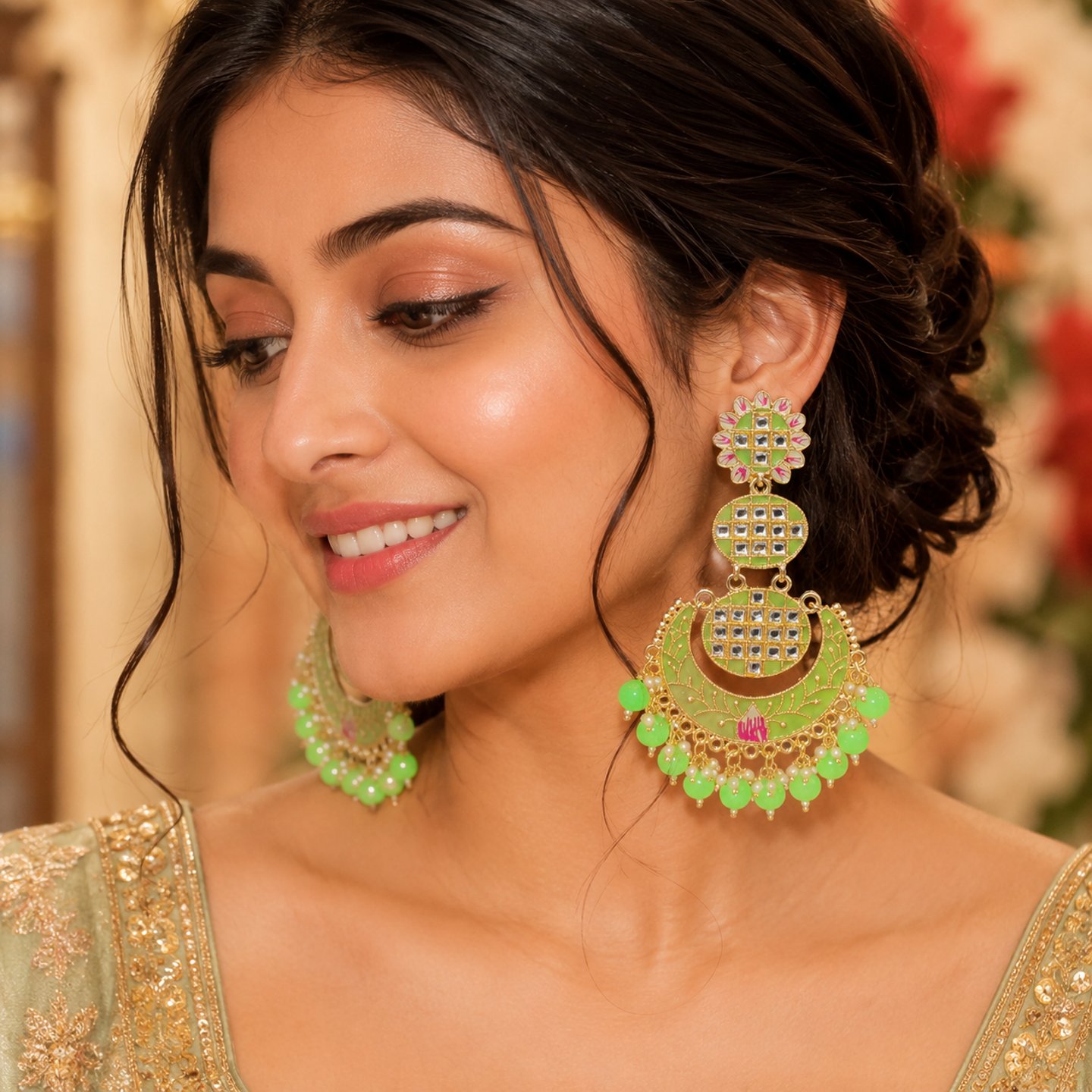 Ritika Kundan Meenakari Chandbali with Hanging Pearls