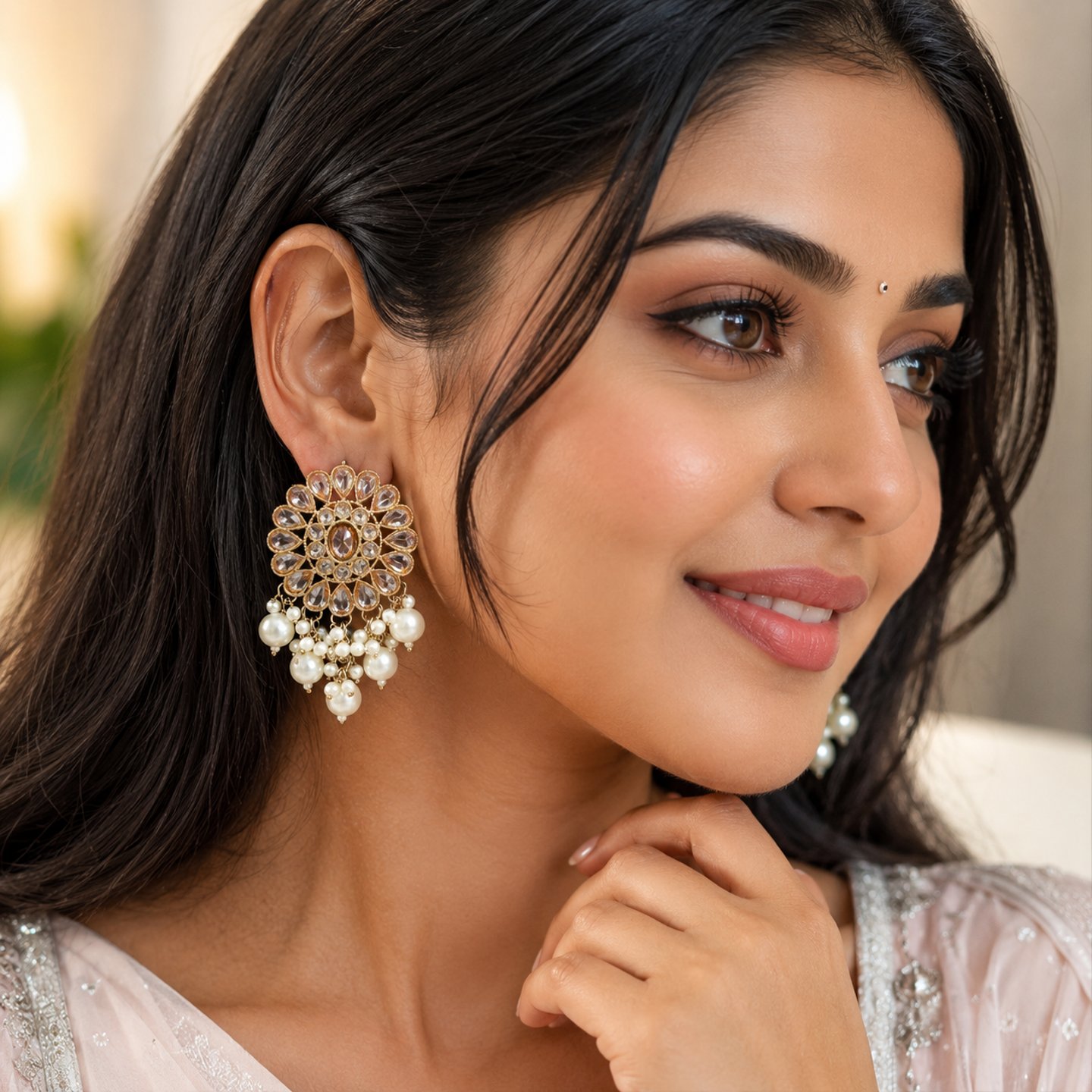 Maniya Polki Stone Studs with Hanging Pearls