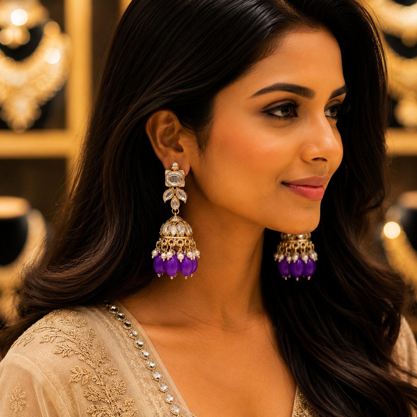 Bhavika Kundan Jhumkas with Hanging Pearls