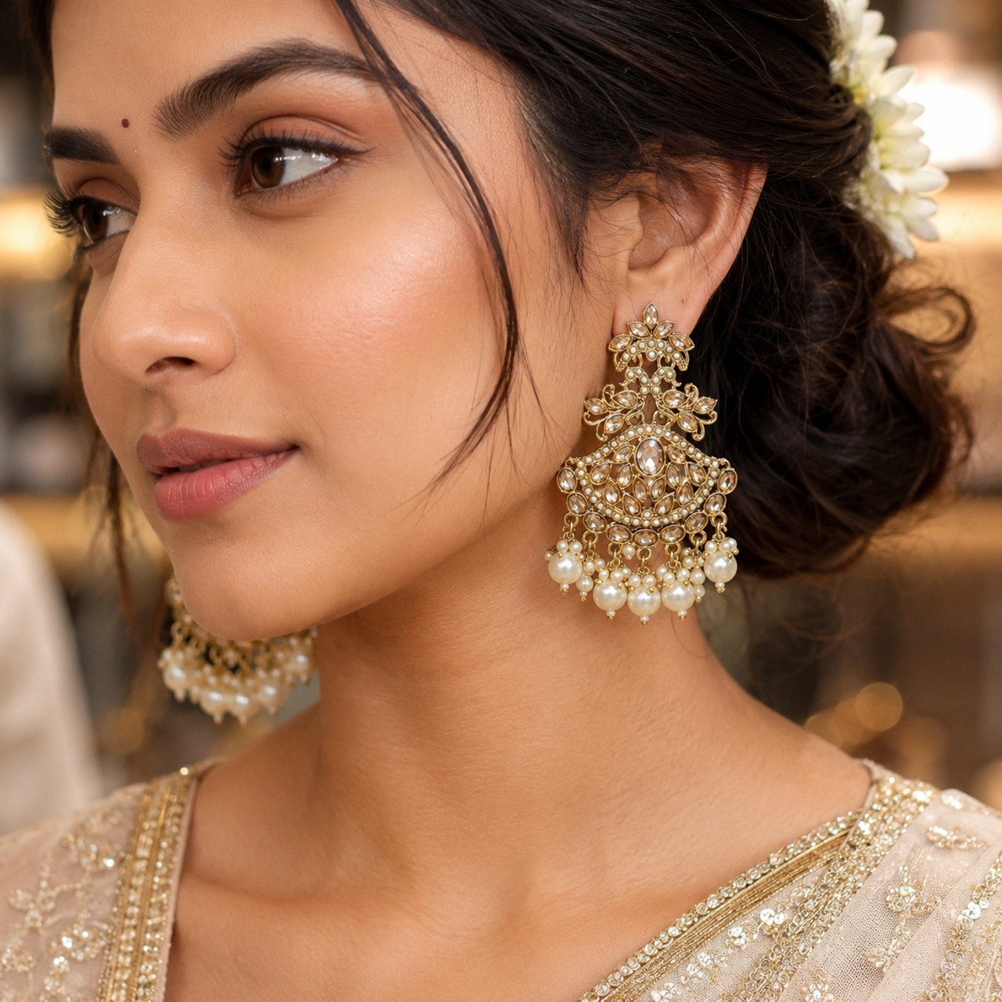 Aryahi Golden Kundan Chandbalis with Hanging Pearls