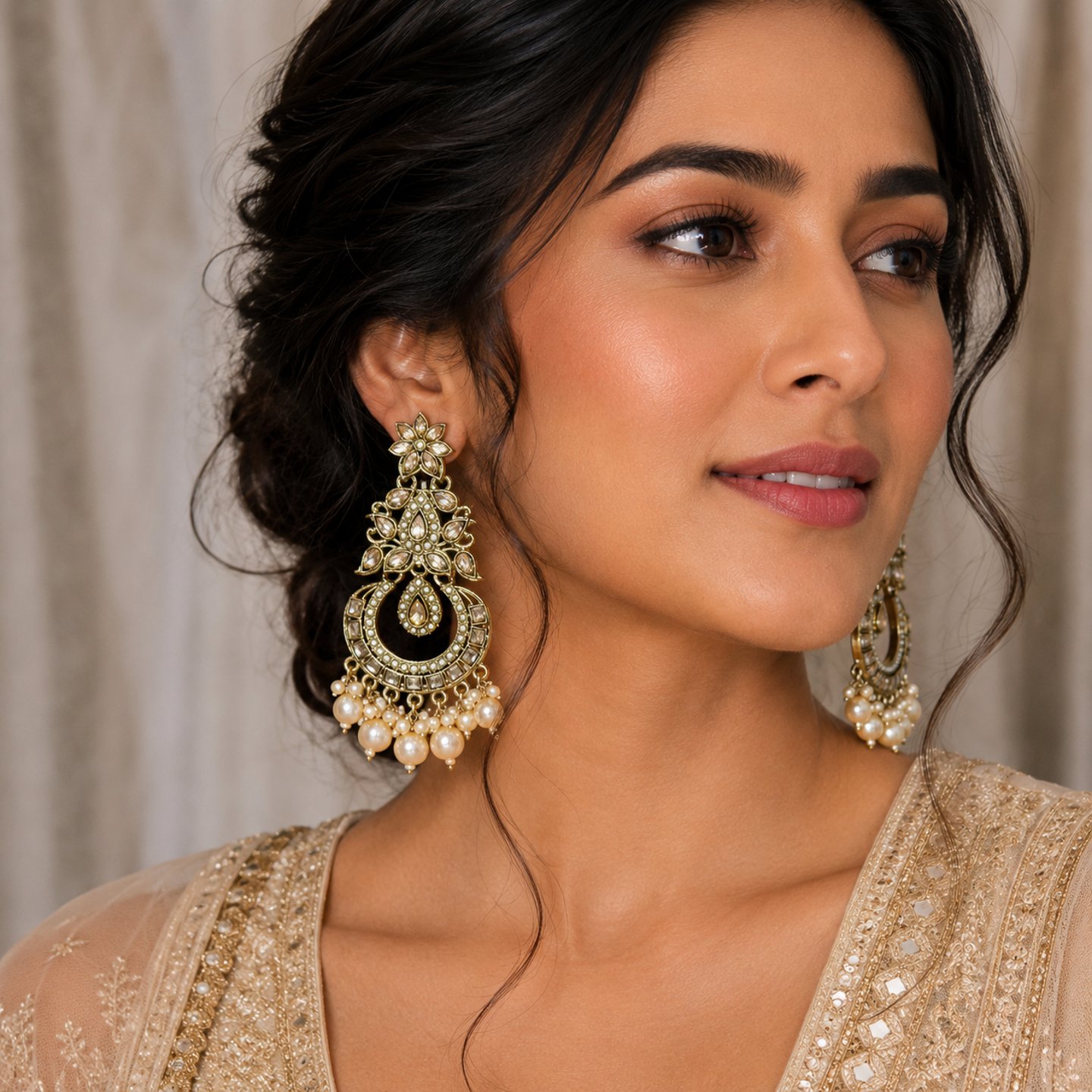 Arushi Gold Tone Kundan Chandbali with Hanging Pearls