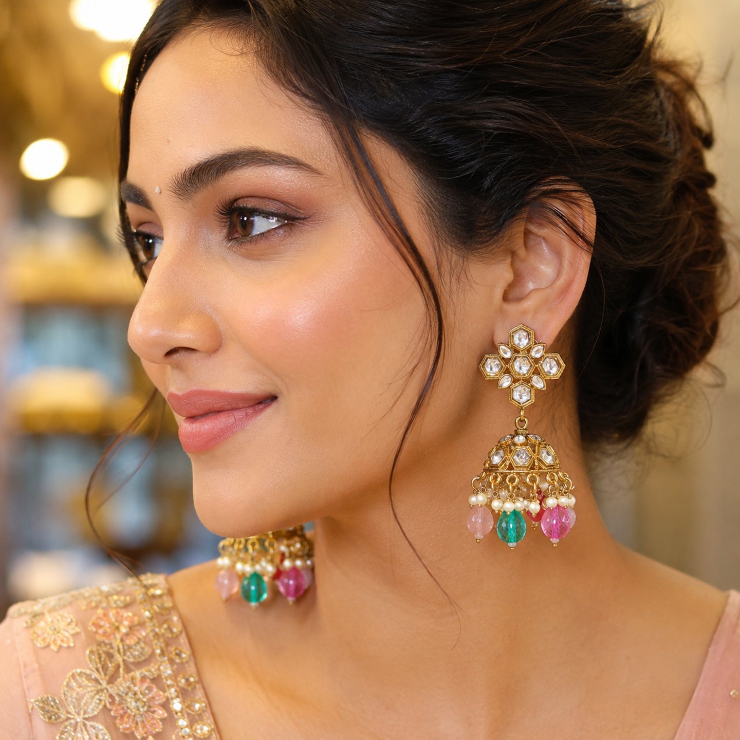 Neha Minimal Kundan with Hanging Crystals Jhumkas