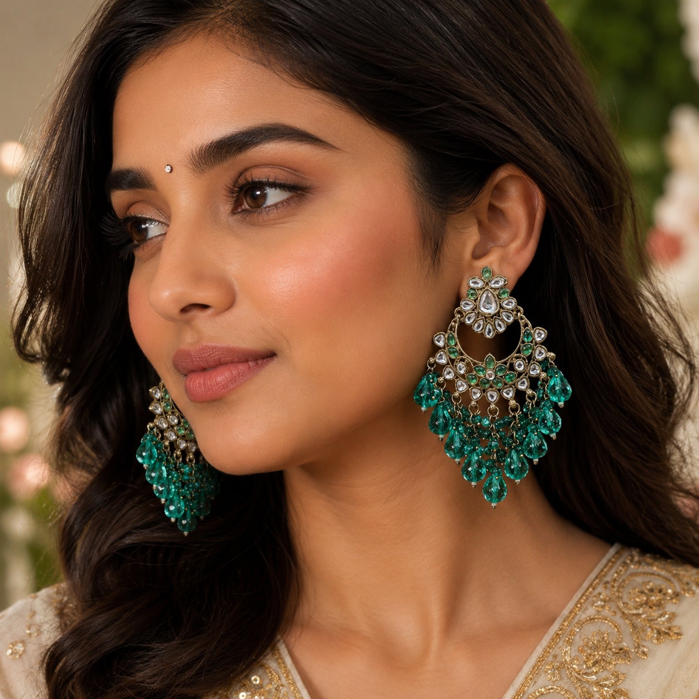 Bhawna Peacock Blue Crystals Kundan Chandbali