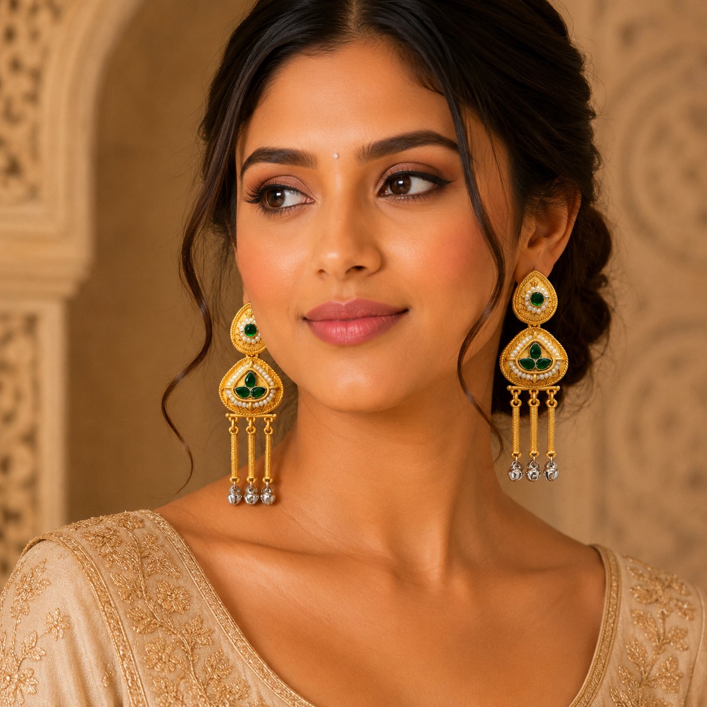 Yashika Navaratri Desgin Kashmiri Earrings with Silver Ghungroos