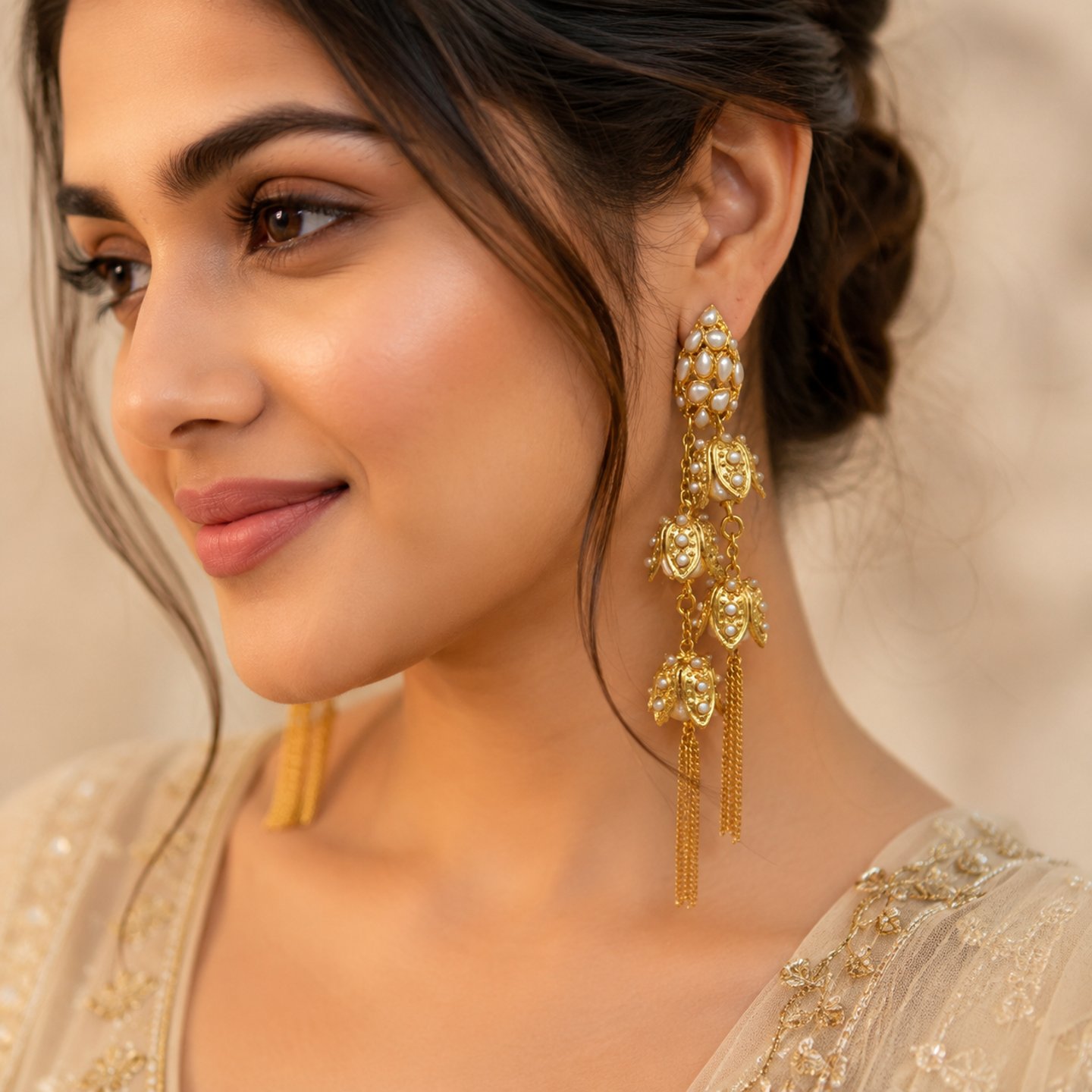 Rani Gold Tone Earring with Hanging Chain