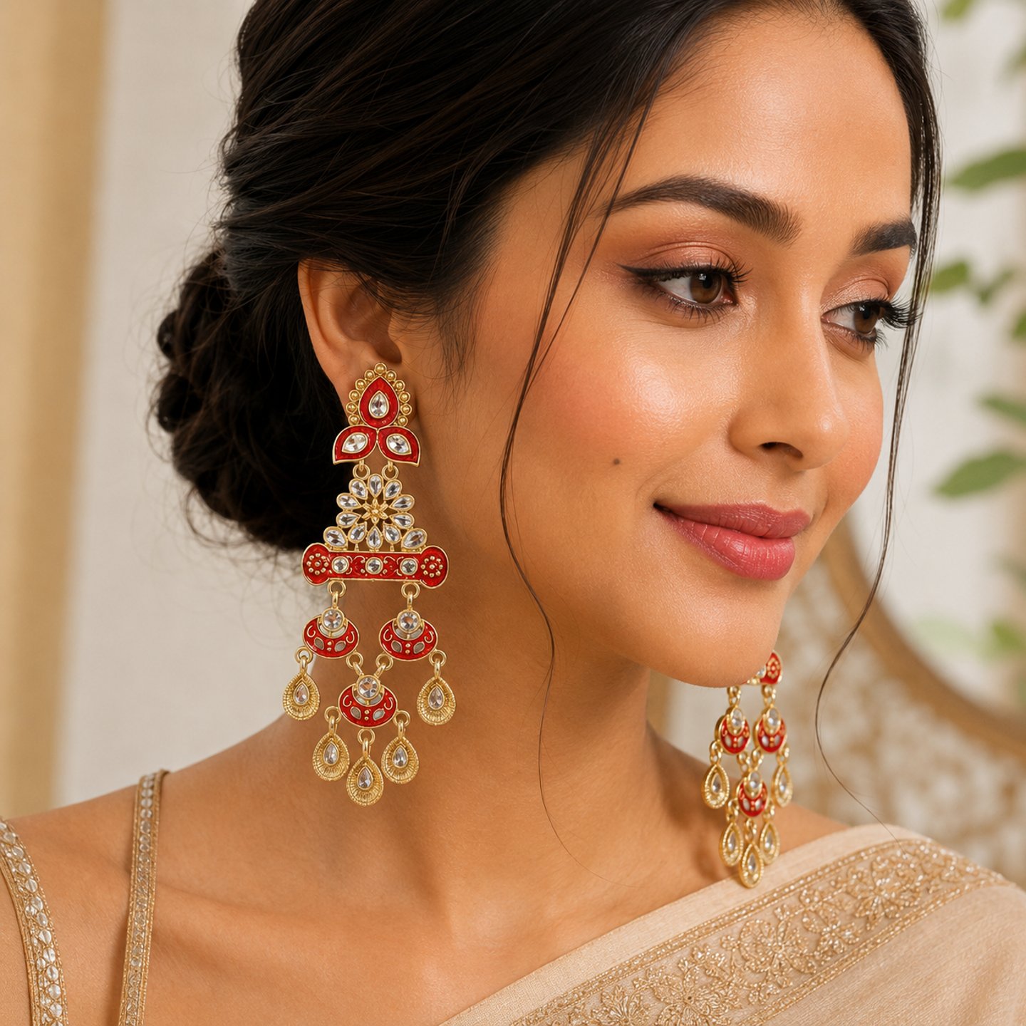 Nisha Gold Plated Kundan Meenakari Statement Earrings