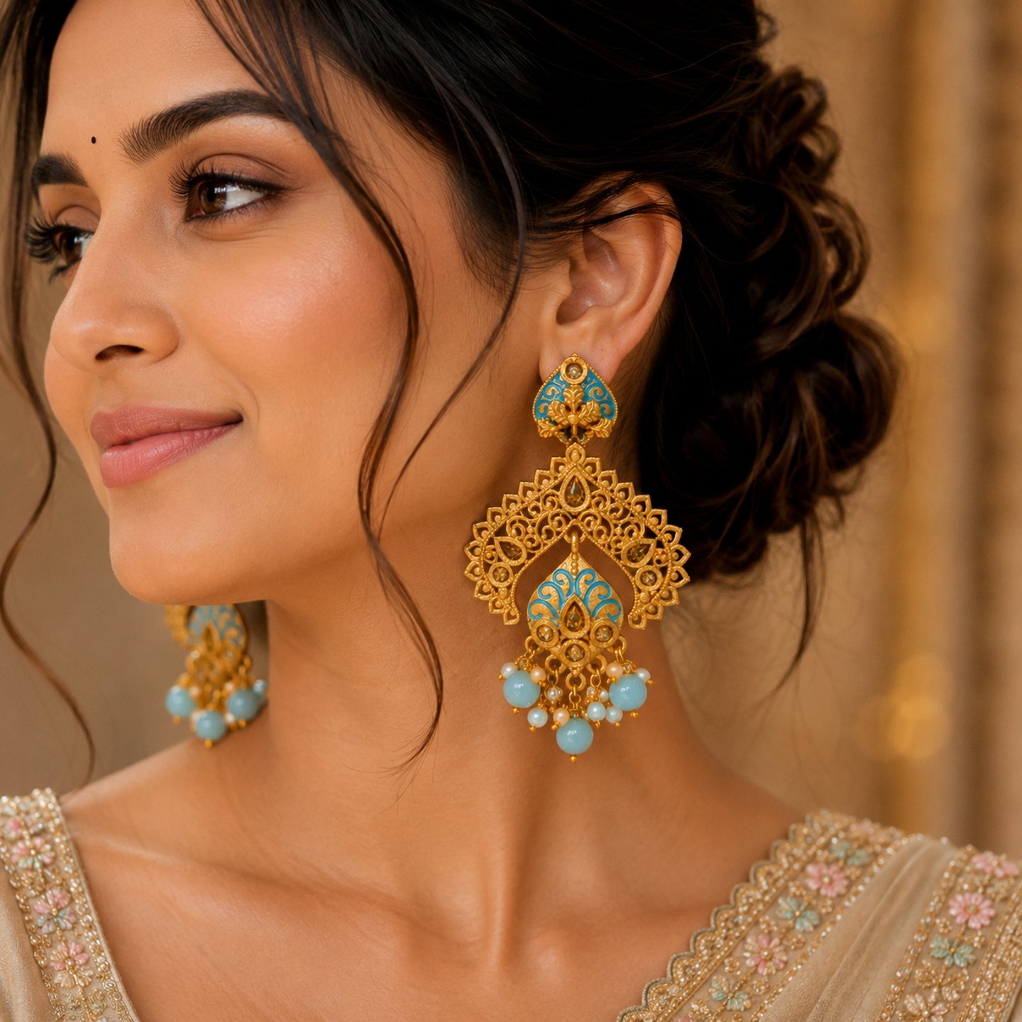 Riva Gold Finish Temple Design Kundan Earring