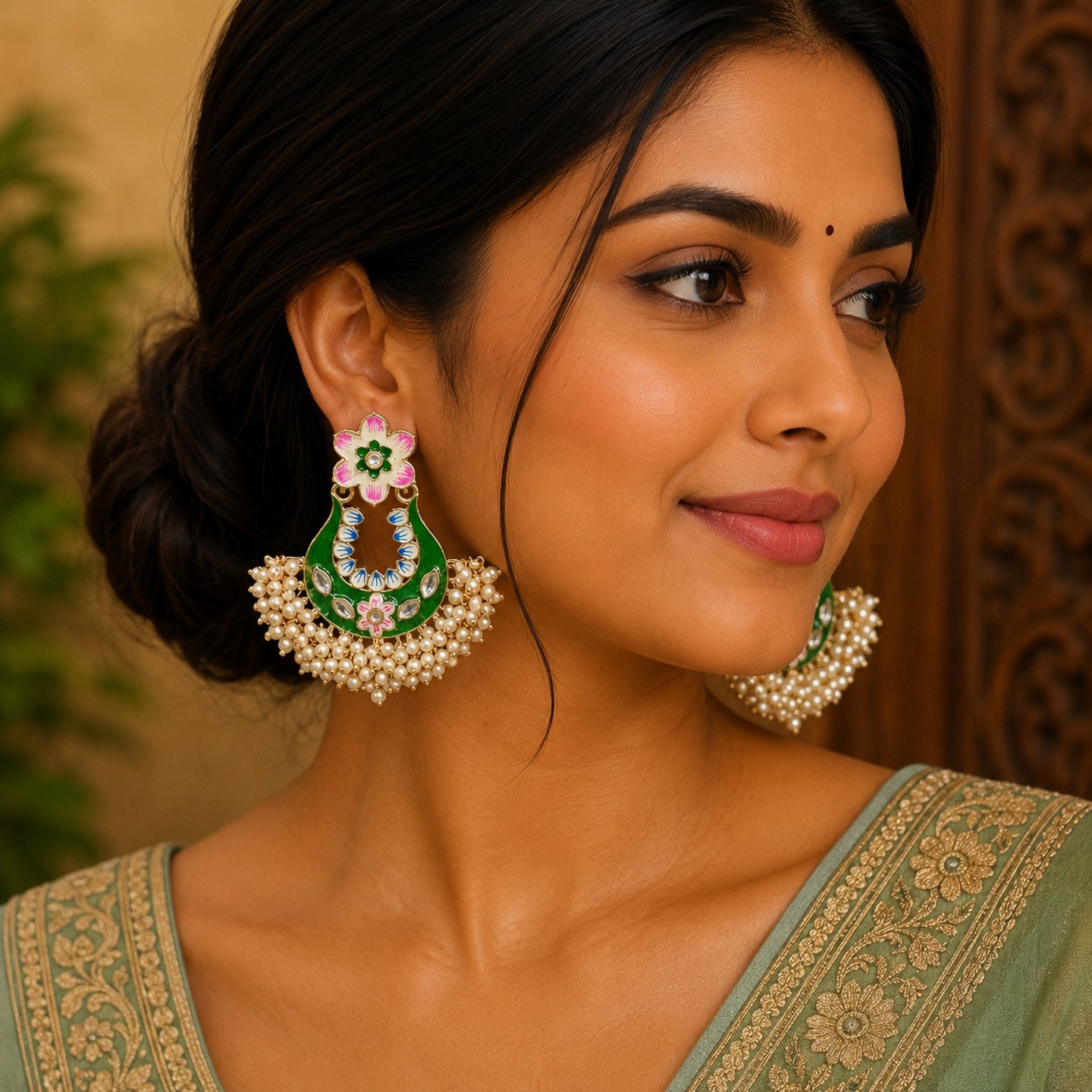 Nilam Kundan Floral Chandbali with Pearl Bunch