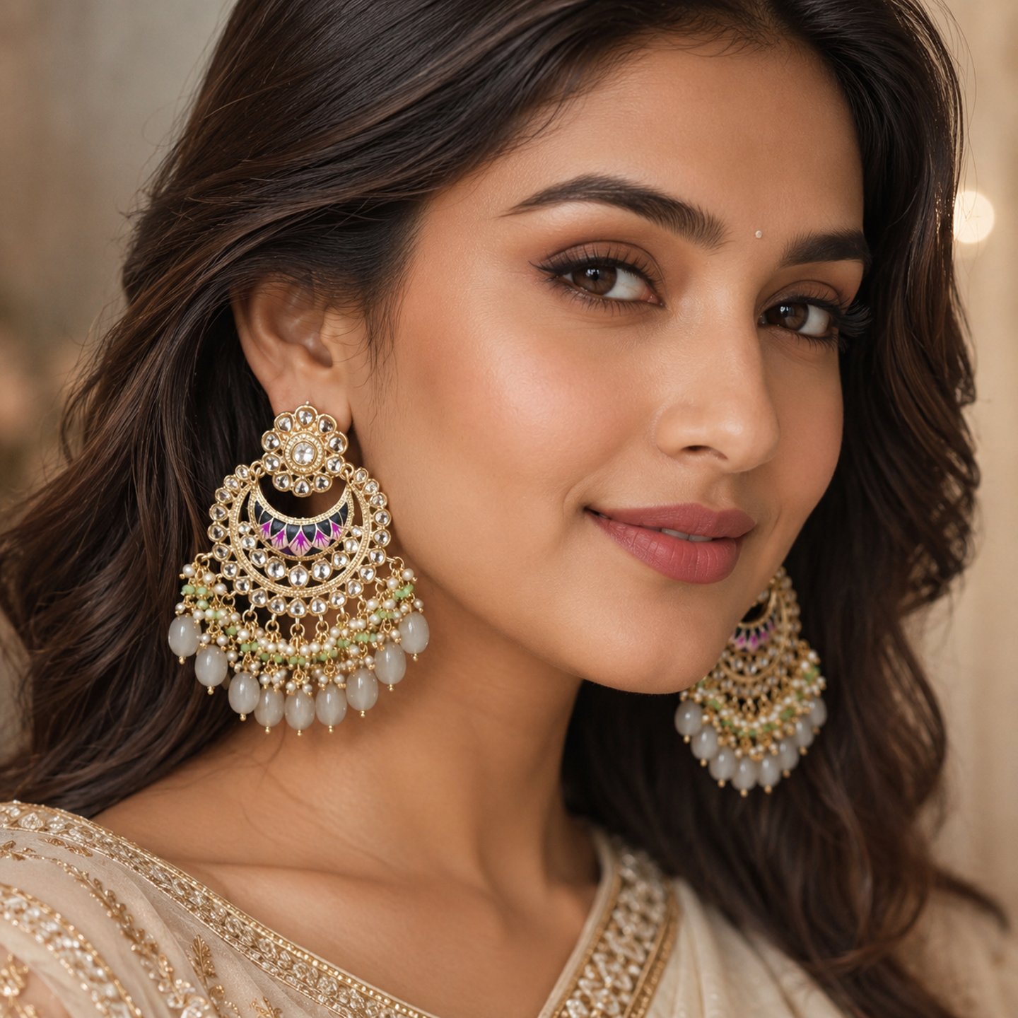 Priyanshi Kundan Earrings with Hanging Pearls
