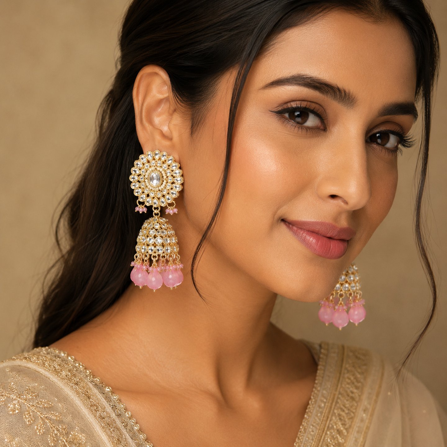 Tisya Kundan Jhumkas with Hanging Pearls