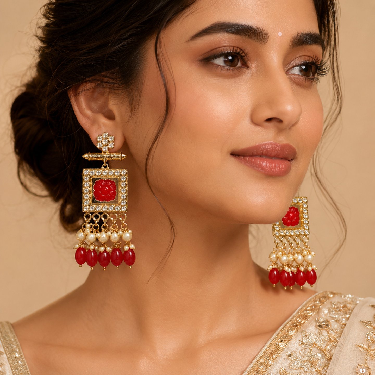 Shanvika Uncut Kundan Earrings with Hanging Pearls