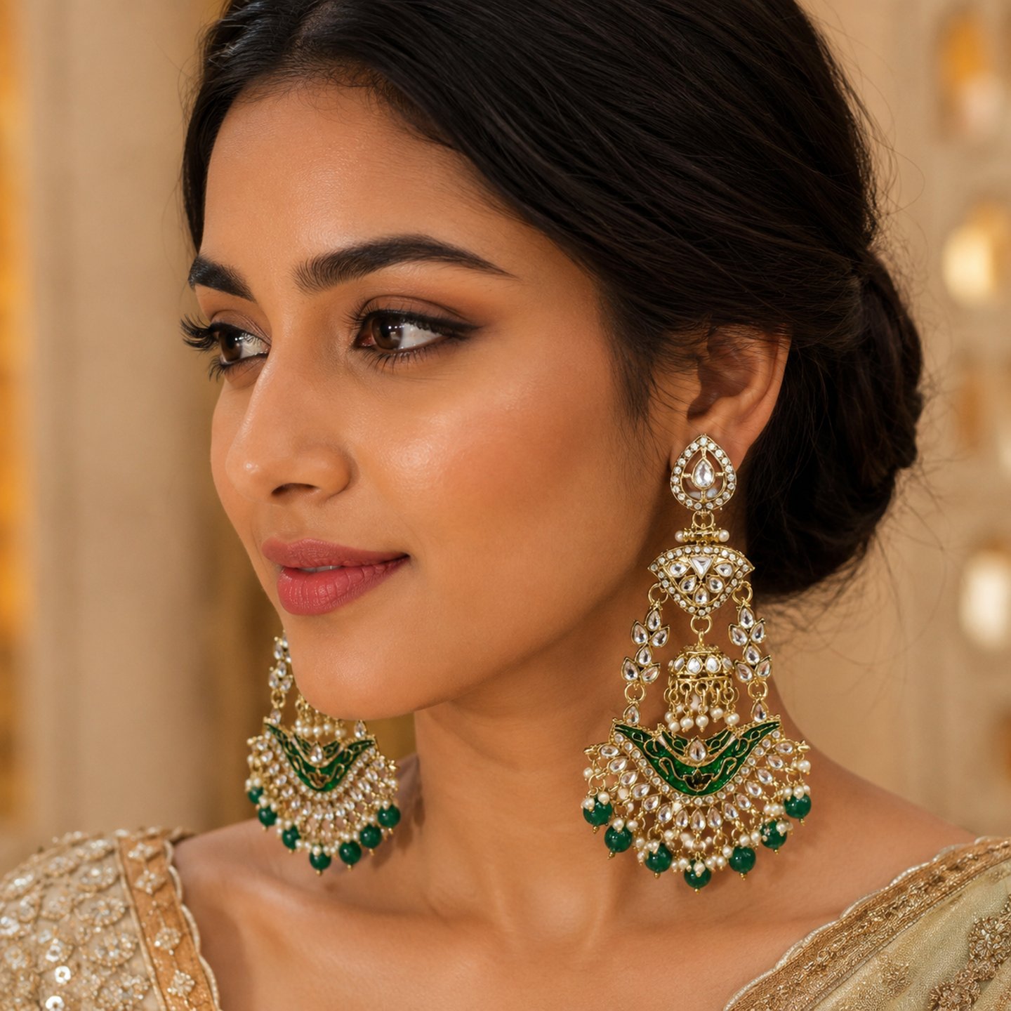 Alina Acrylic Kundan Meenakari Chandbali with Hanging Pearls