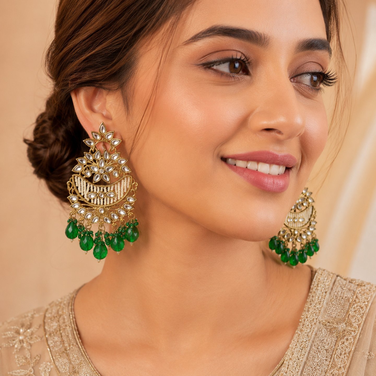 Sakshi Kundan and Pearls Chandbalis with Hanging Crystals