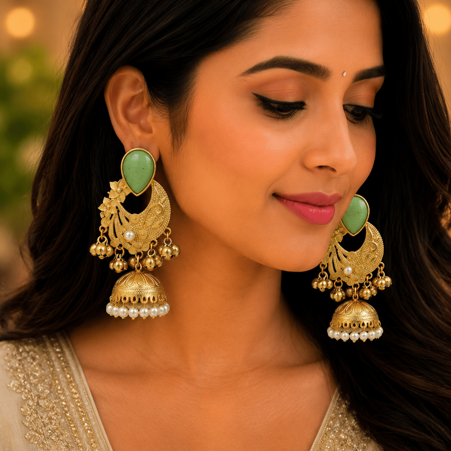 Natasha Floral Design Kashmiri Earrings with Pearls