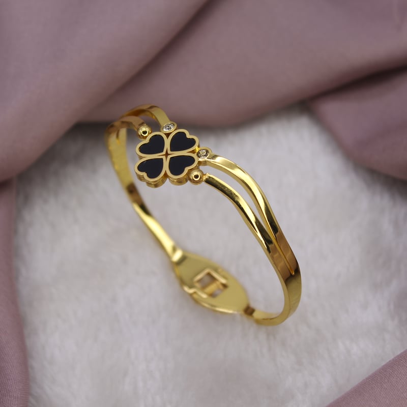 Anti Tarnish Gold Look Black Clover Kada Bracelet for Women | Waterproof Enamel Designer Cuff Bracelet | Minimal Luxury Daily Wear Jewelry