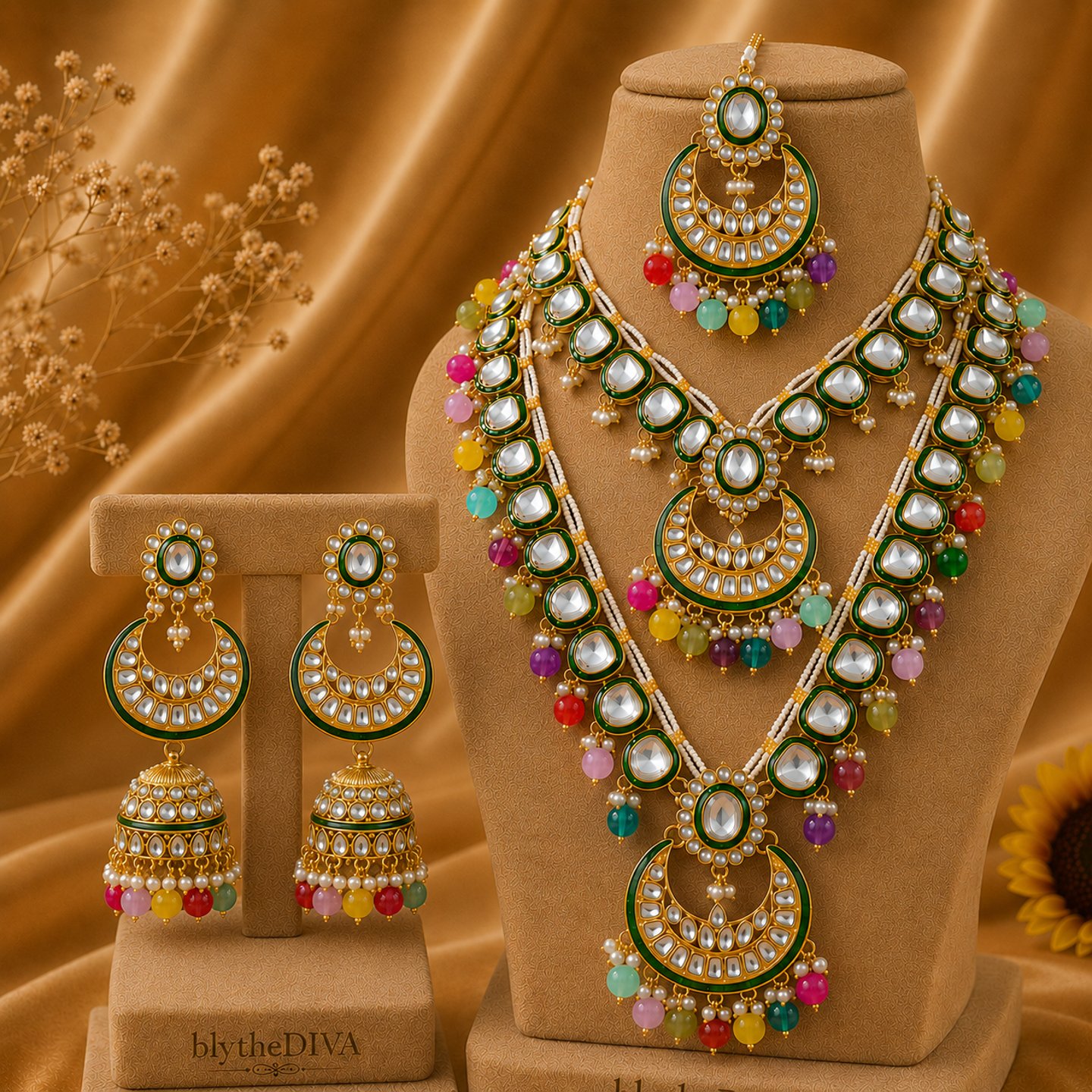 Grisha Double Layer Uncut Kundan Necklace Set with Maanh Tikka