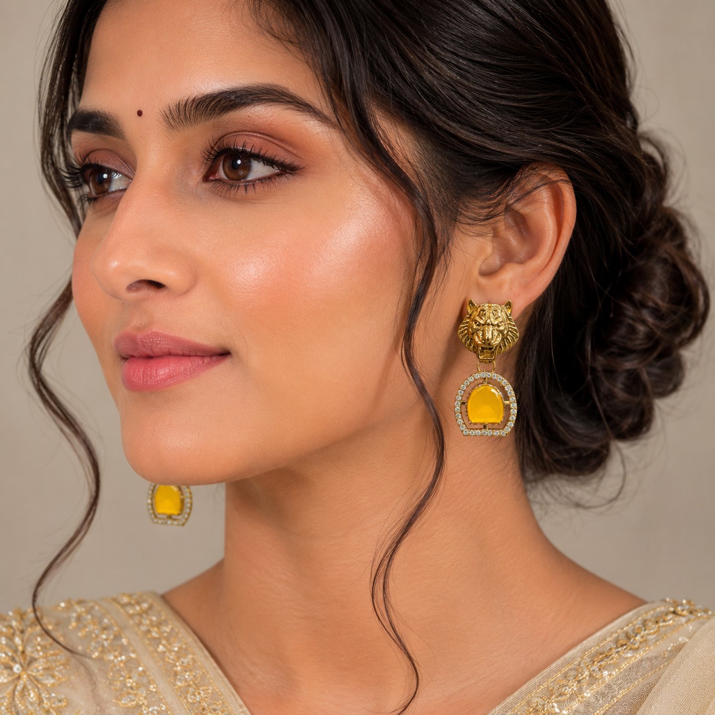 Sobha Gold Plated Tiger Head Drop Earrings