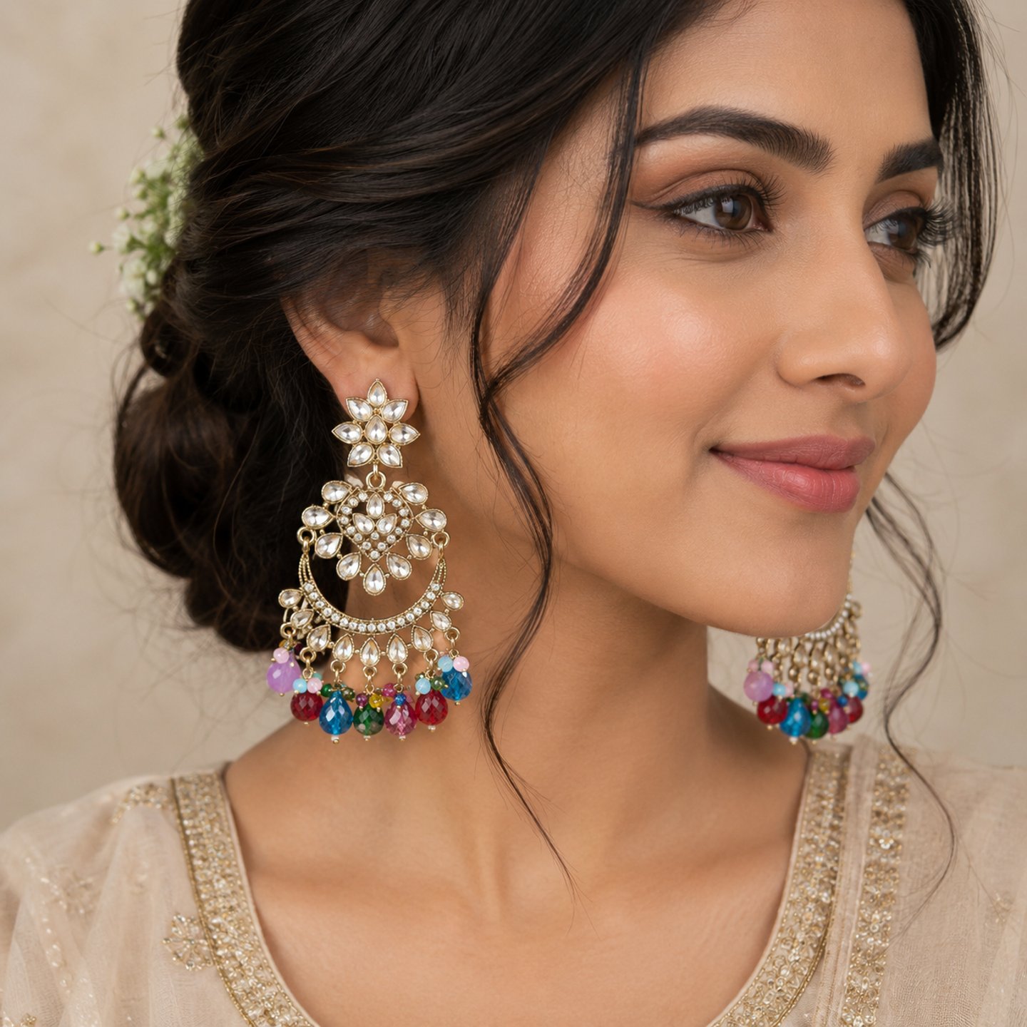 Diksha Kundan Chandbalis with Hanging Pearls
