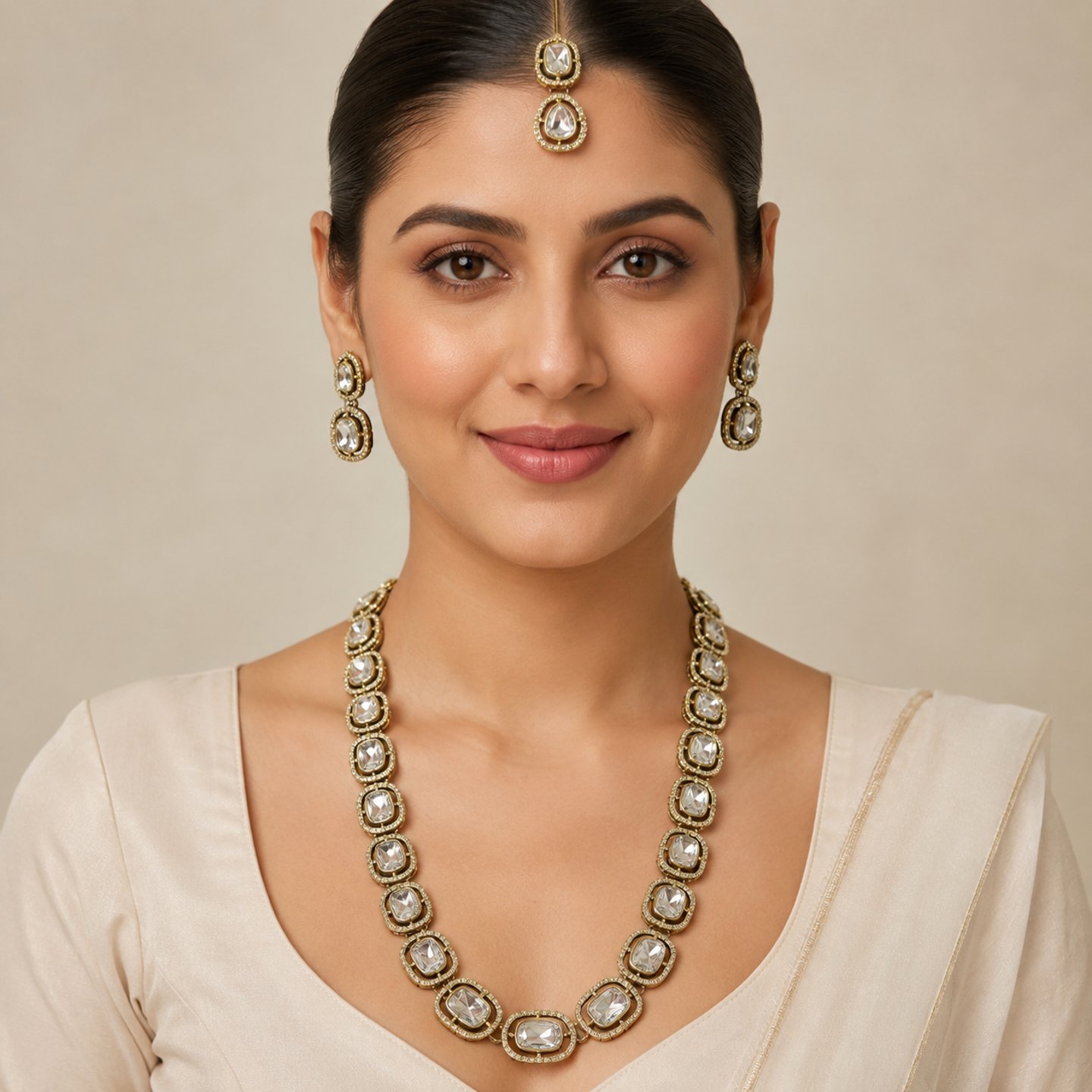 Dhyani Semi Long Uncut Kundan Necklace Set with Maang Tikka