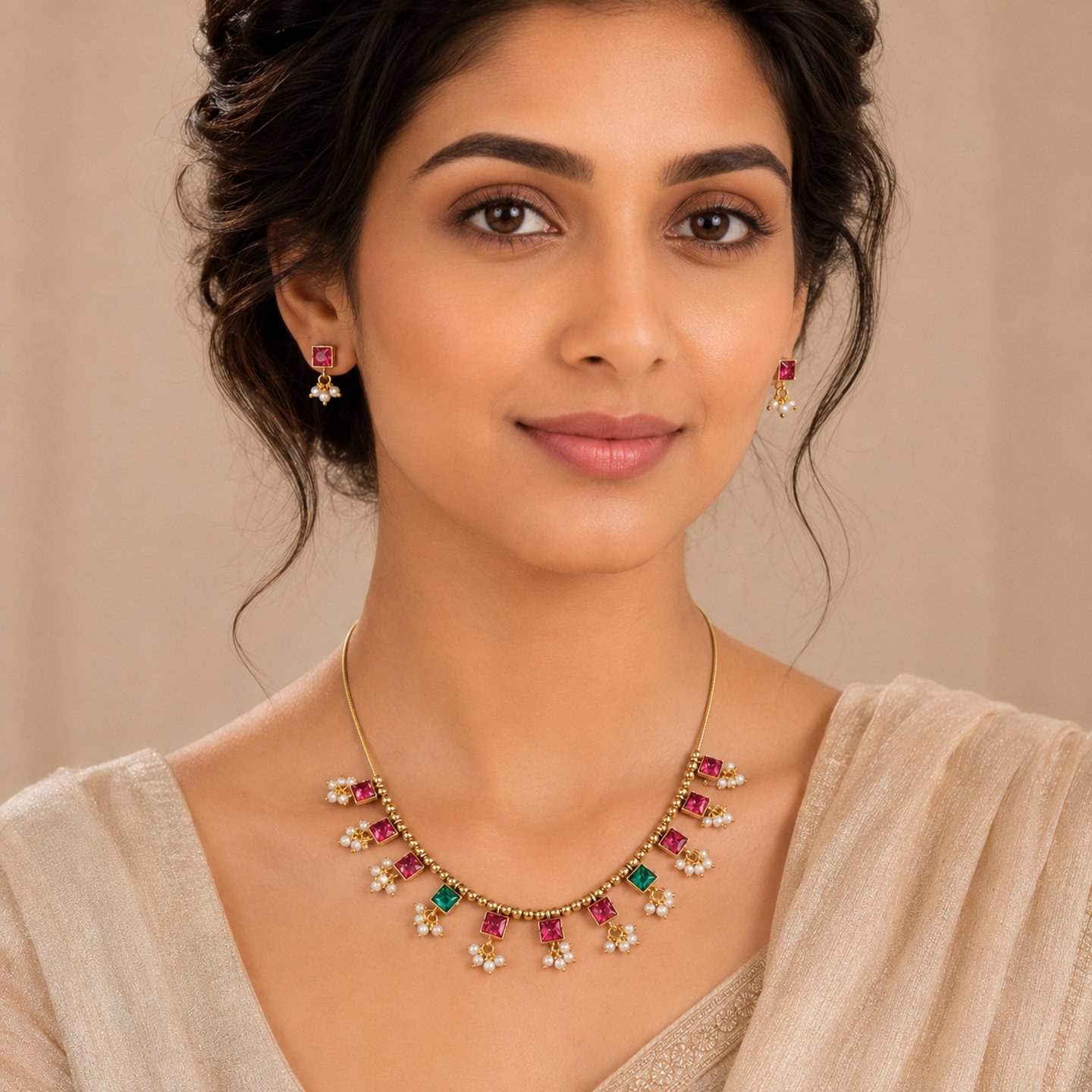 Lakshmi Invisible Wire Temple Necklace Set