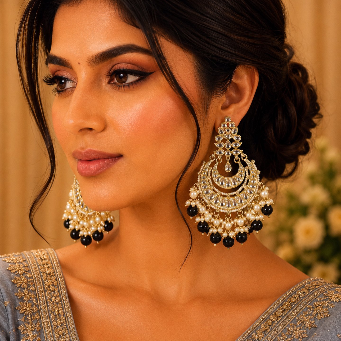 Udyati Kundan Chandbalis with Colored Pearls
