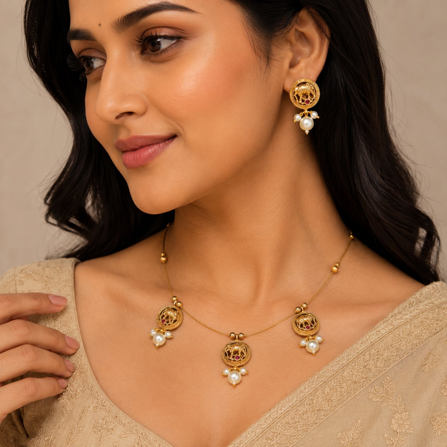 Jyotishi Gold Tone Elephanat Pendent Design Necklace Set
