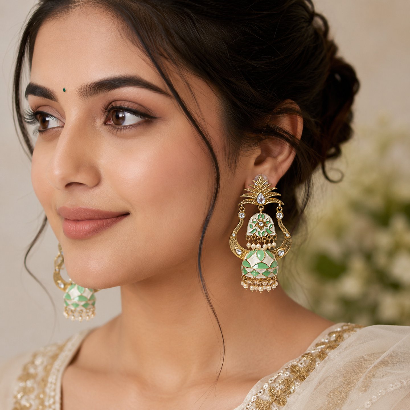 Sonali Kundan Meenakari Jhumka with Pearls