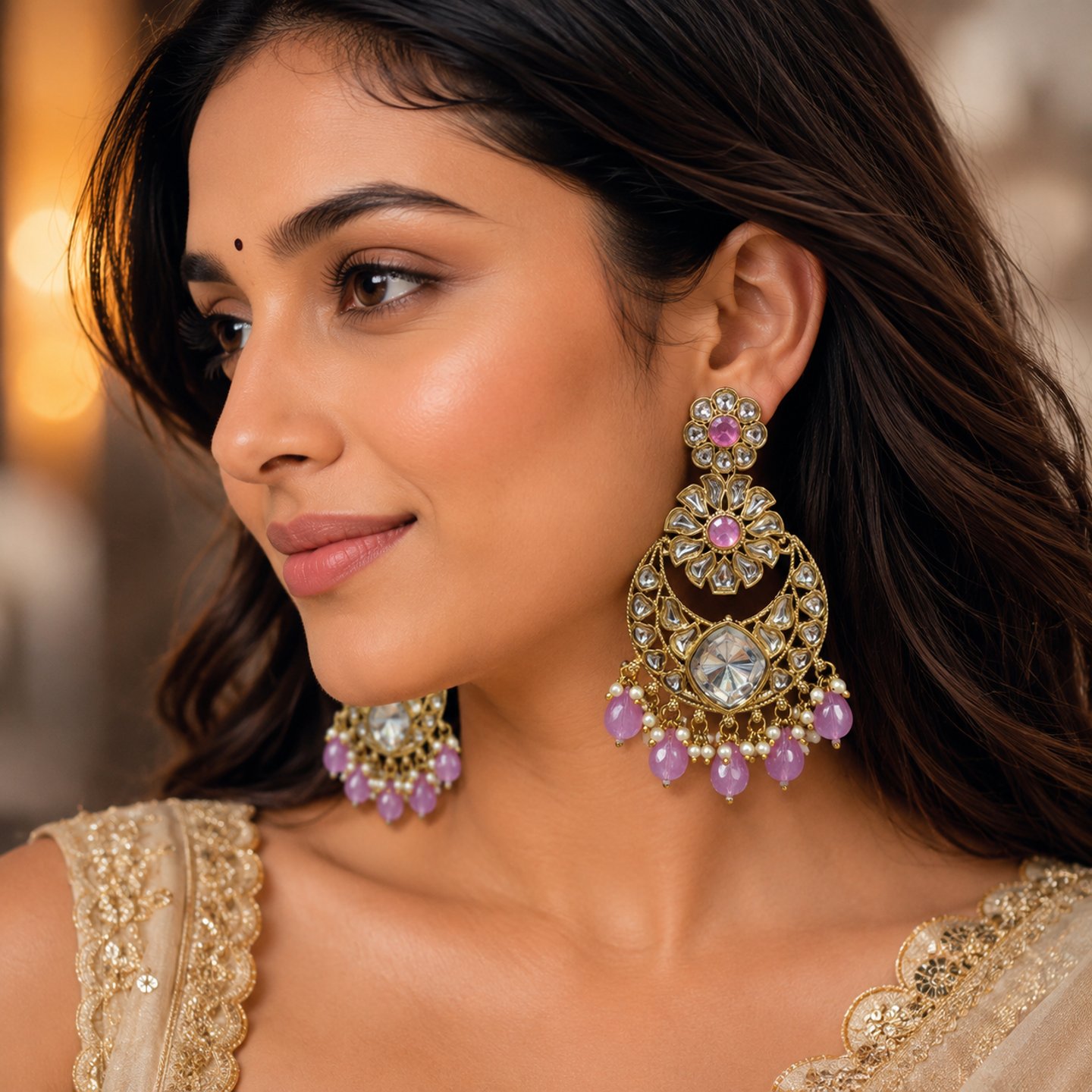 Anaisha Uncut Kundan Chandbali with Hanging Pearls