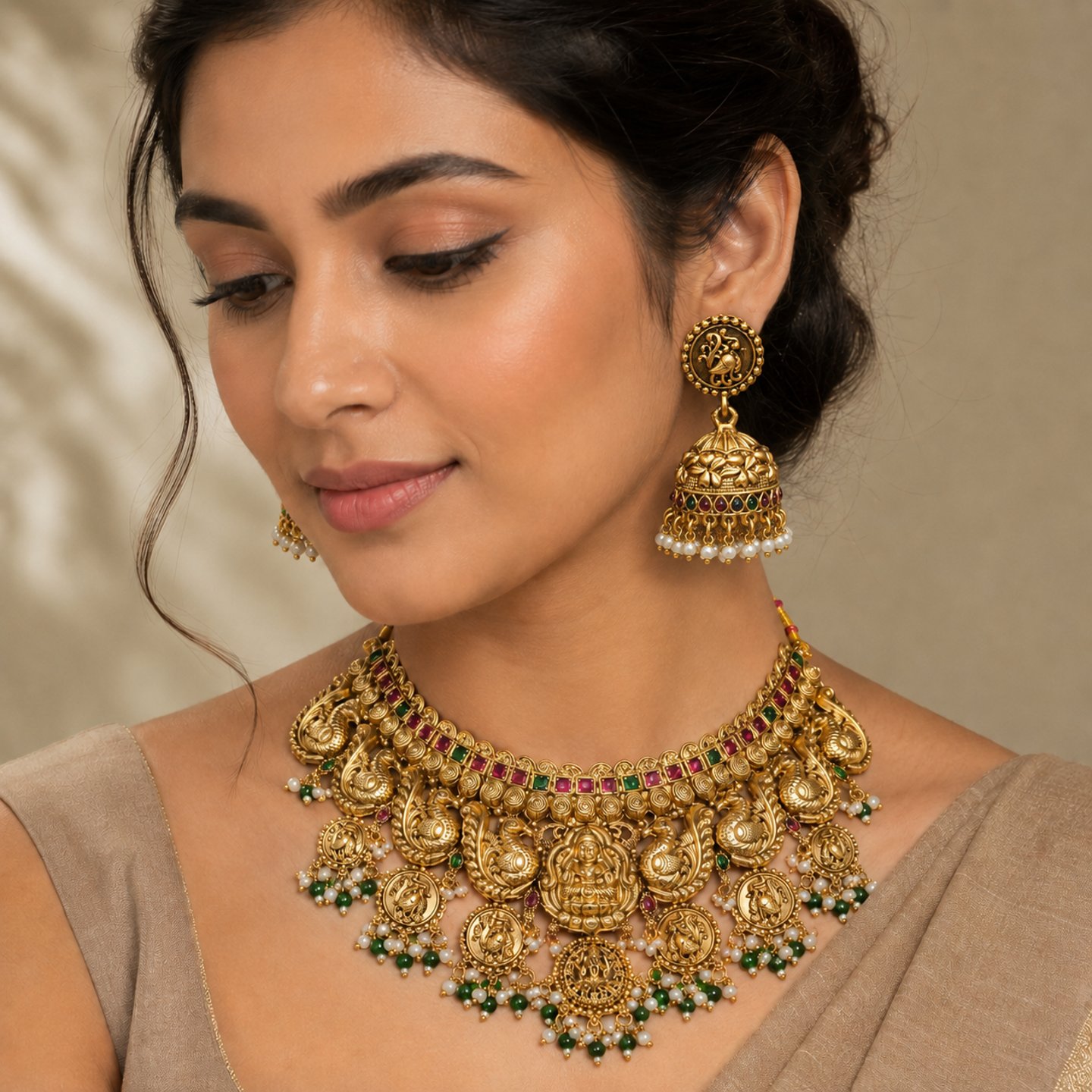 Neelam Gold Look Temple Jewellery Necklace Set