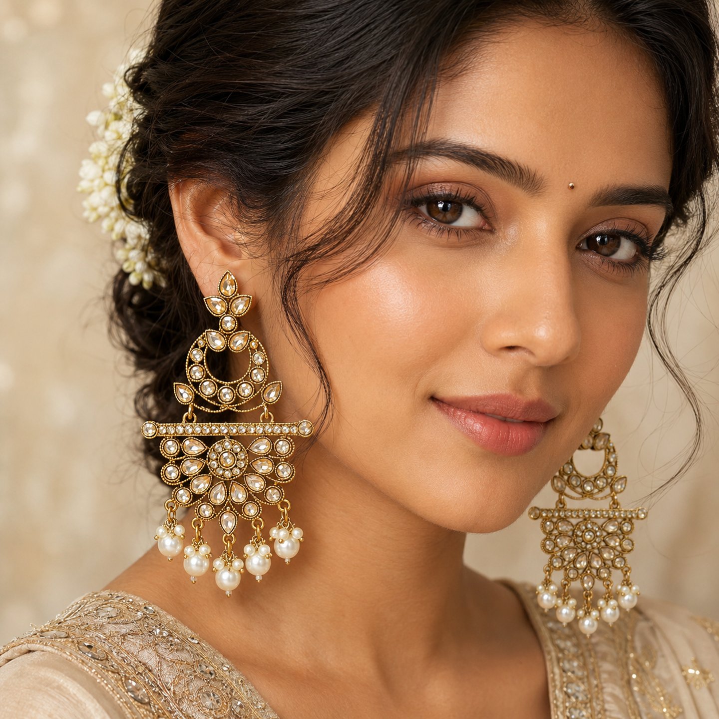 Soni Golden Crystal Stone with Hanging Pearls